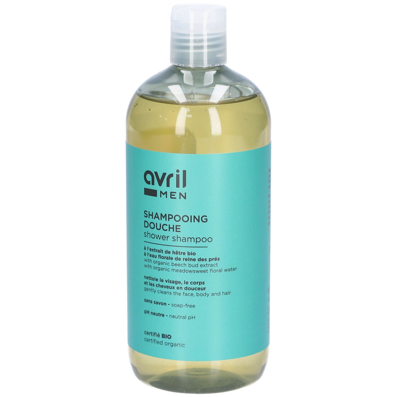 Flacon transparent avec étiquette verte. Inscription: avril MEN Shampooing Douche. Certifié BIO.
