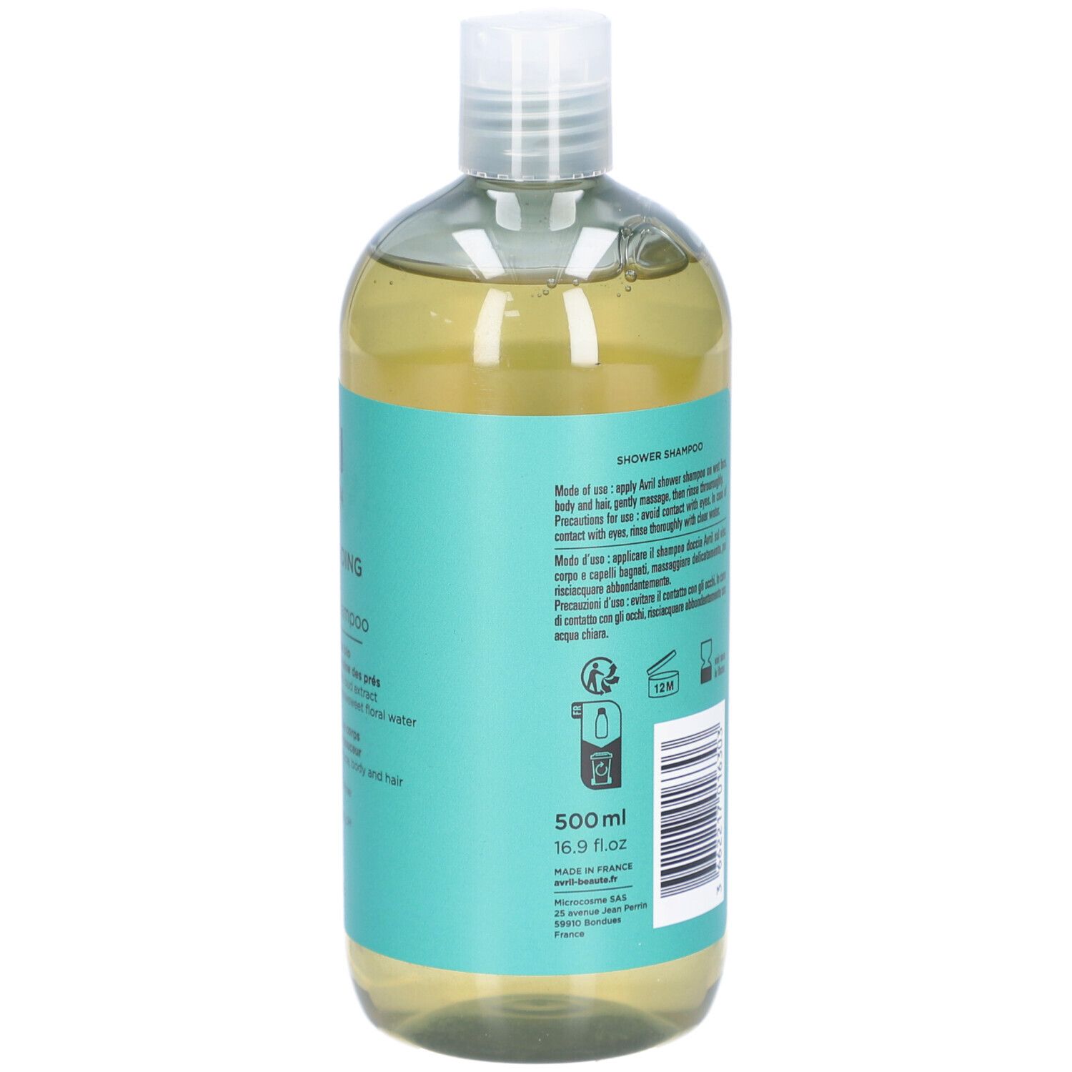 Dos du flacon. Étiquette verte avec texte. Ingrédients et informations de certification. 500 ml.