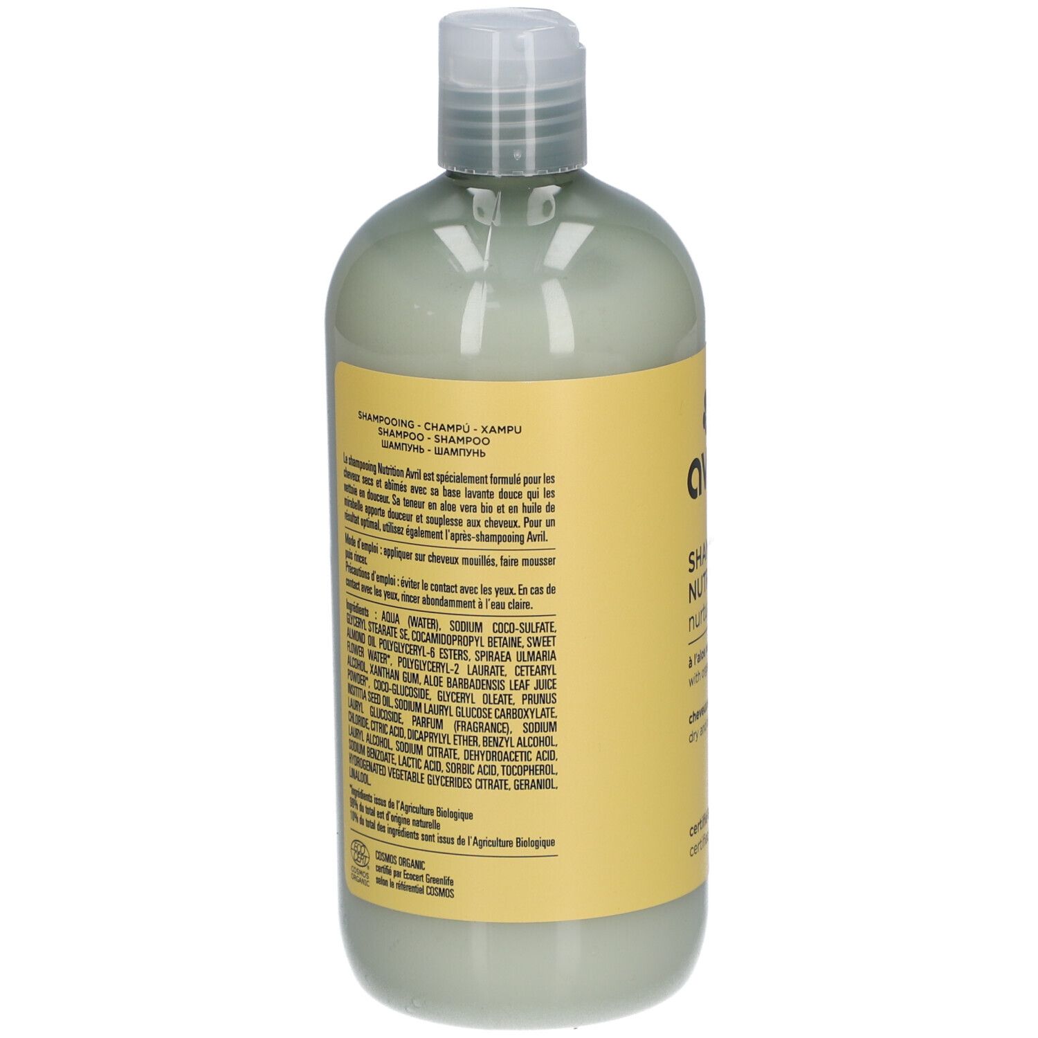 Dos du flacon de shampooing vert avec étiquette jaune. Texte: ingrédients, mode d'emploi, certification.