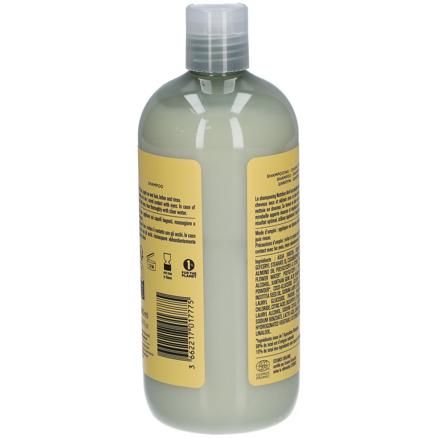 Dos du flacon de shampooing vert avec étiquette jaune. Texte: mode d'emploi, ingrédients, certification.