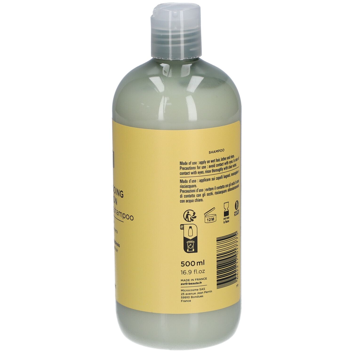 Dos du flacon de shampooing vert avec étiquette jaune. Texte: mode d'emploi, volume 500ml, symboles.