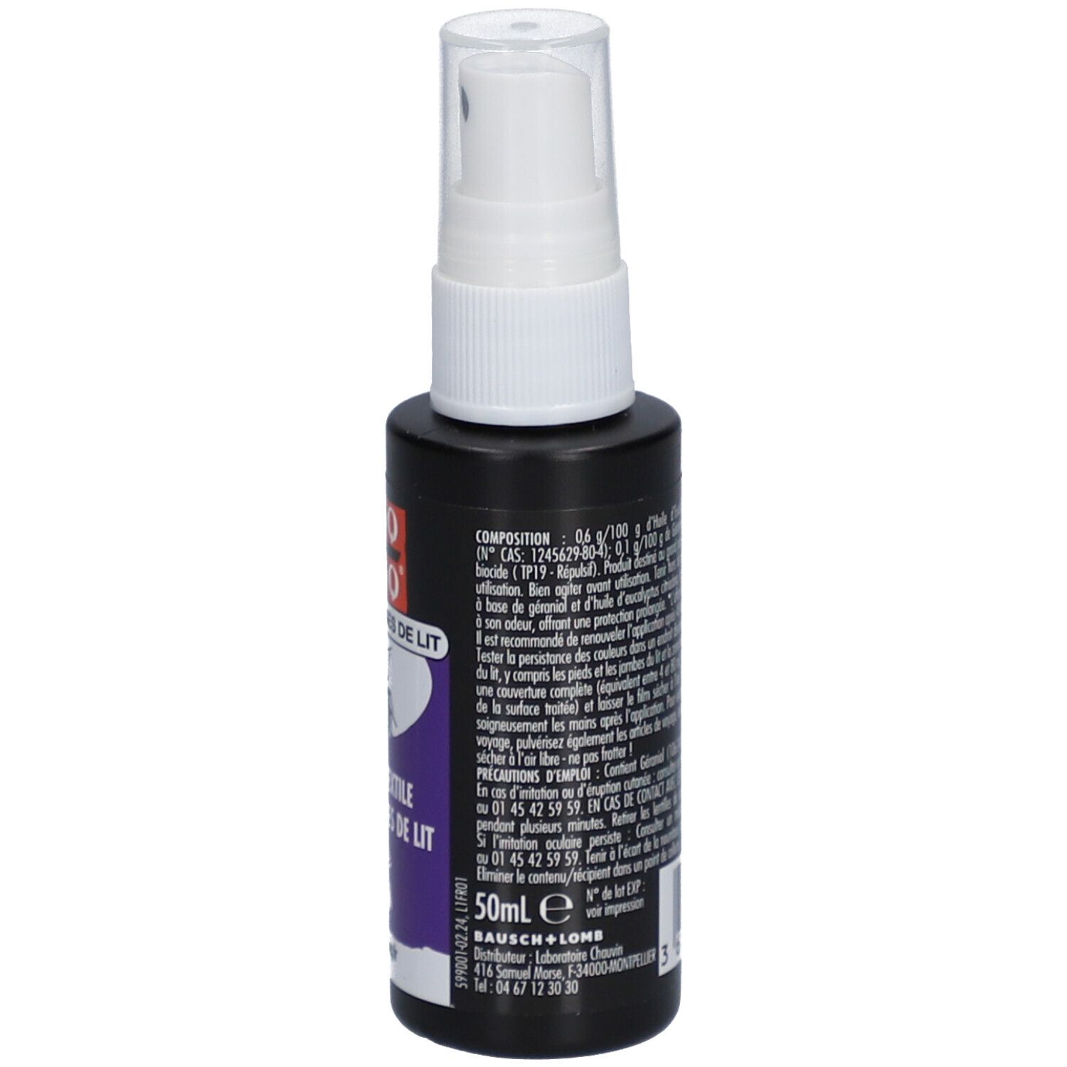 Zwarte spuitfles met witte spuitkop. Achterkant met tekst. 50ml. Merk Bausch + Lomb.