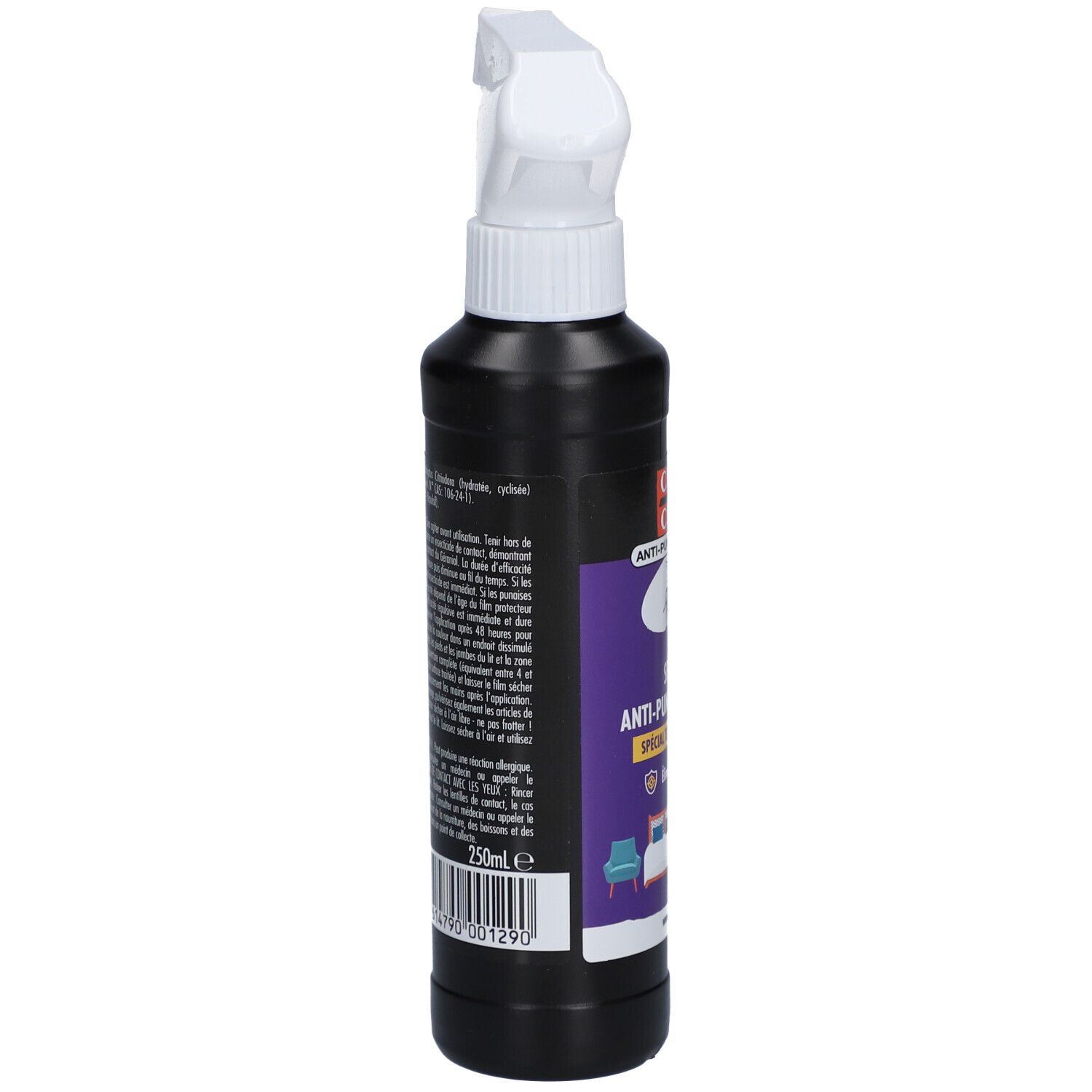Flacon spray noir, vue latérale. Texte et étiquette avec informations produit. Tête de pulvérisation blanche.