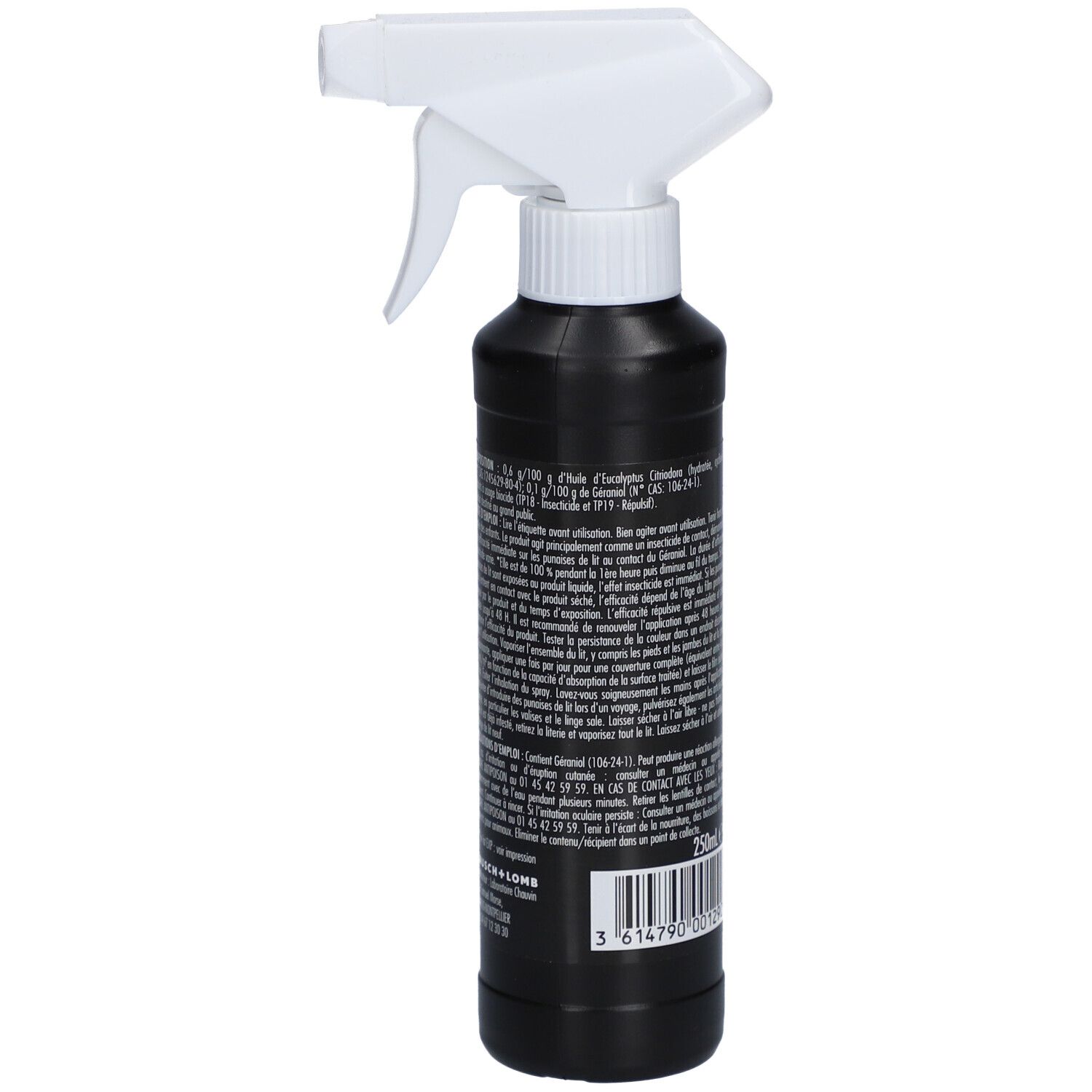 Flacon spray noir, vue arrière. Texte avec informations produit. Tête de pulvérisation blanche.