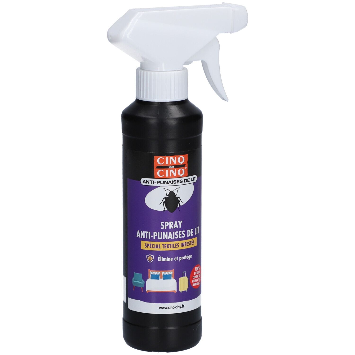Flacon spray noir avec tête blanche. Inscription: CINQ SUR CINQ Anti-Punaises de Lit.
