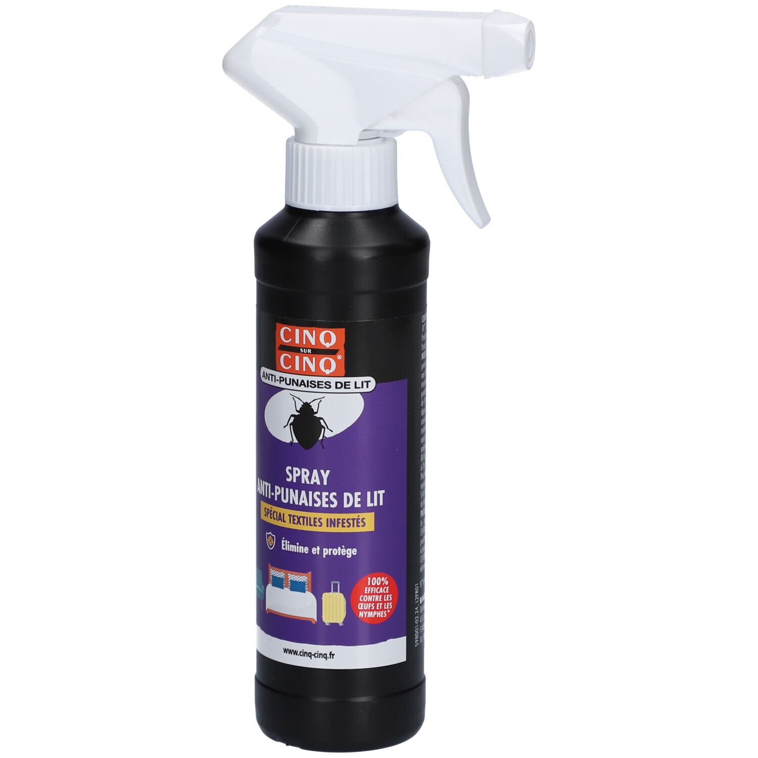 Flacon spray noir avec tête blanche. Inscription: CINQ SUR CINQ Anti-Punaises de Lit.
