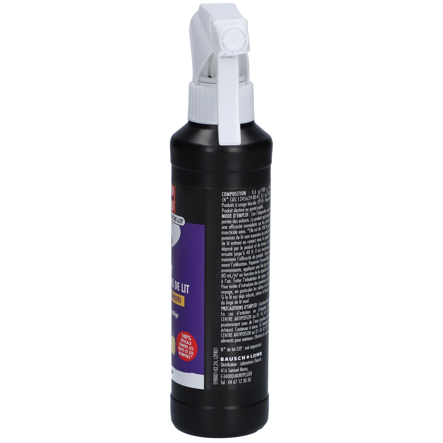 Flacon spray noir, vue latérale. Texte et étiquette avec informations produit. Tête de pulvérisation blanche.
