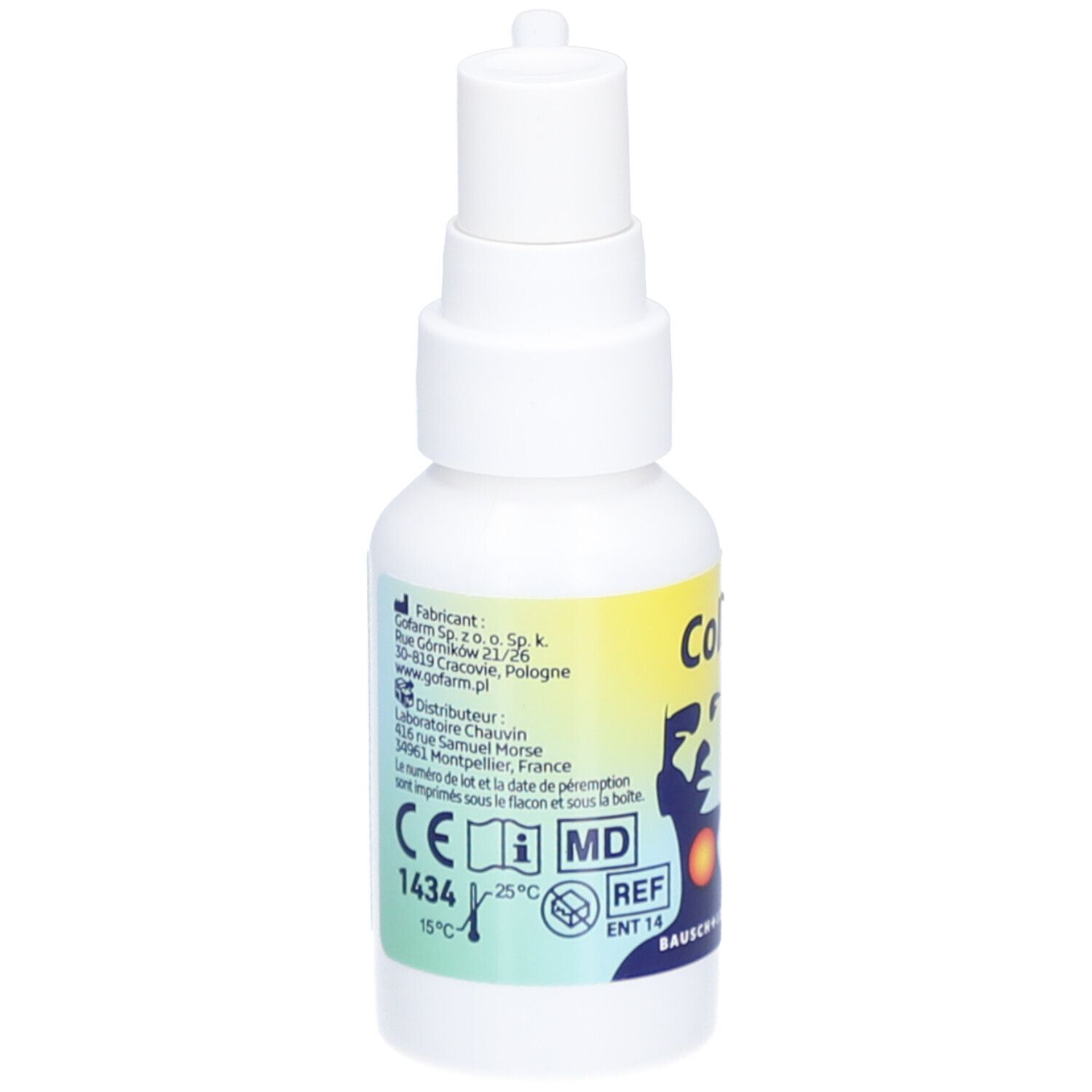 Witte sprayfles met geel etiket. Opschrift: Collurynx Spray gorge. Met sproeikop en beschermkap. CE-markering.