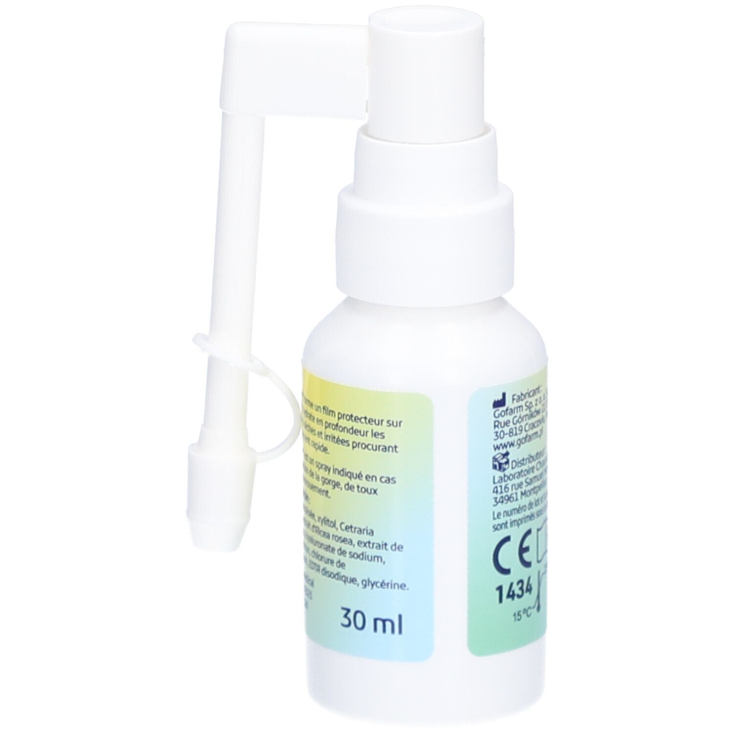 Witte sprayfles met geel etiket. Opschrift: Collurynx Spray gorge. Met sproeikop en beschermkap. Volume: 30 ml.