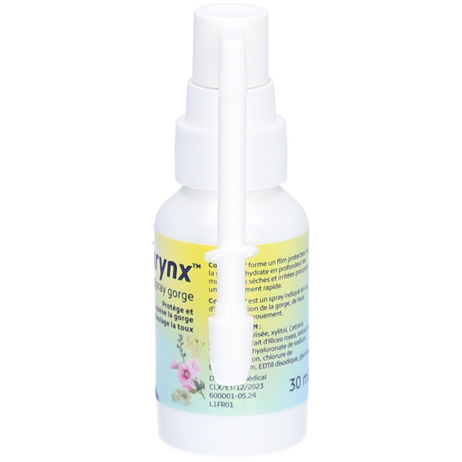 Witte sprayfles met geel etiket. Opschrift: Collurynx Spray gorge. Met sproeikop en beschermkap. Volume: 30 ml.