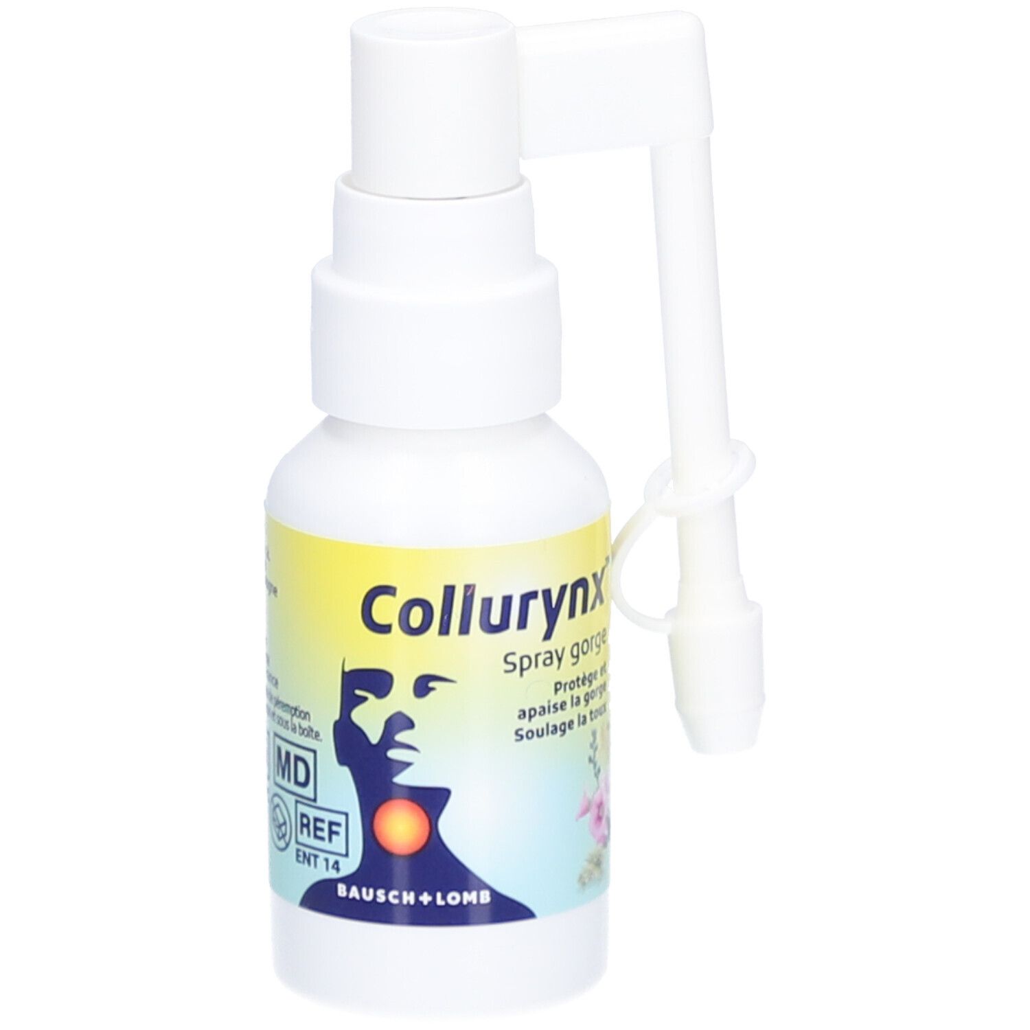 Witte sprayfles met geel etiket. Opschrift: Collurynx Spray gorge. Met sproeikop en beschermkap.
