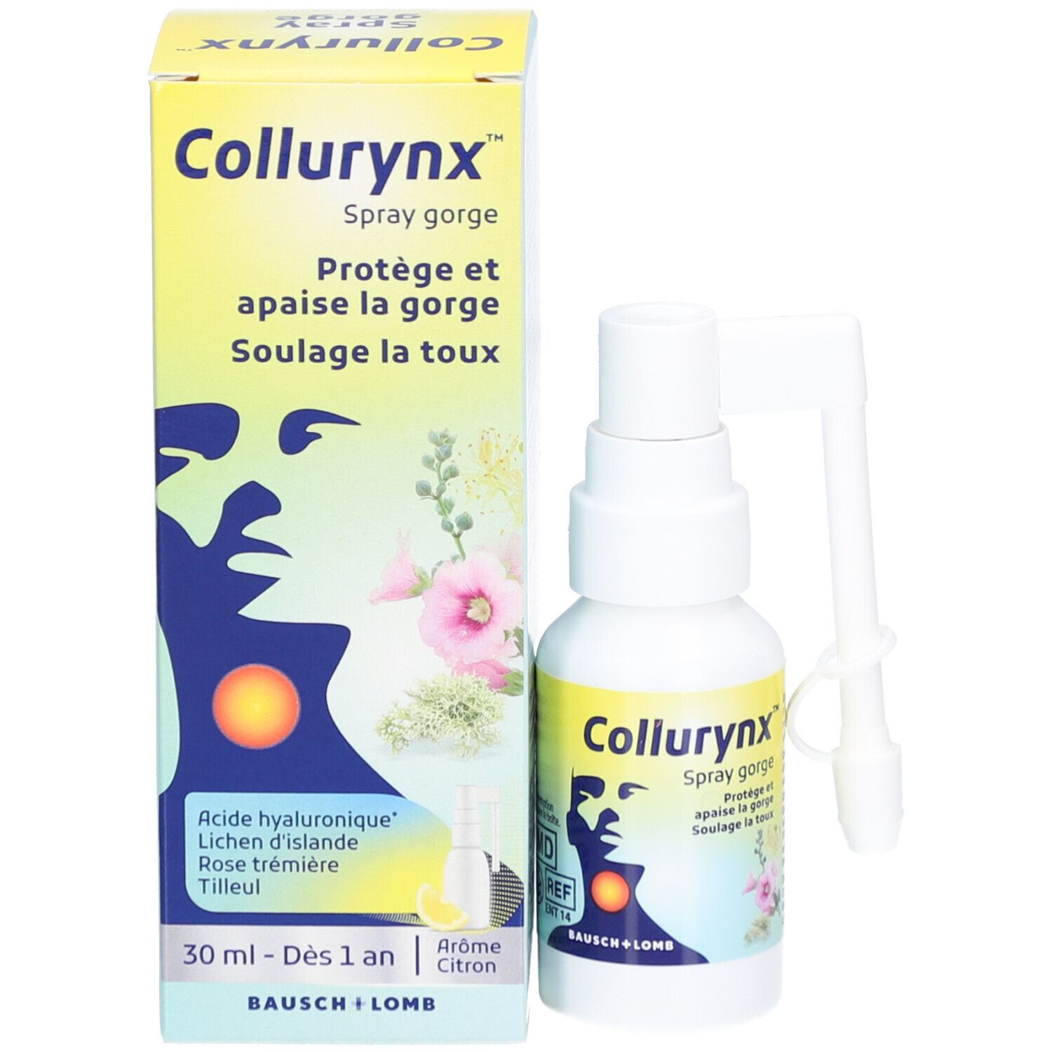 Productverpakking en sprayfles. Opschrift: Collurynx Spray gorge. Met sproeikop en beschermkap. Volume: 30 ml.