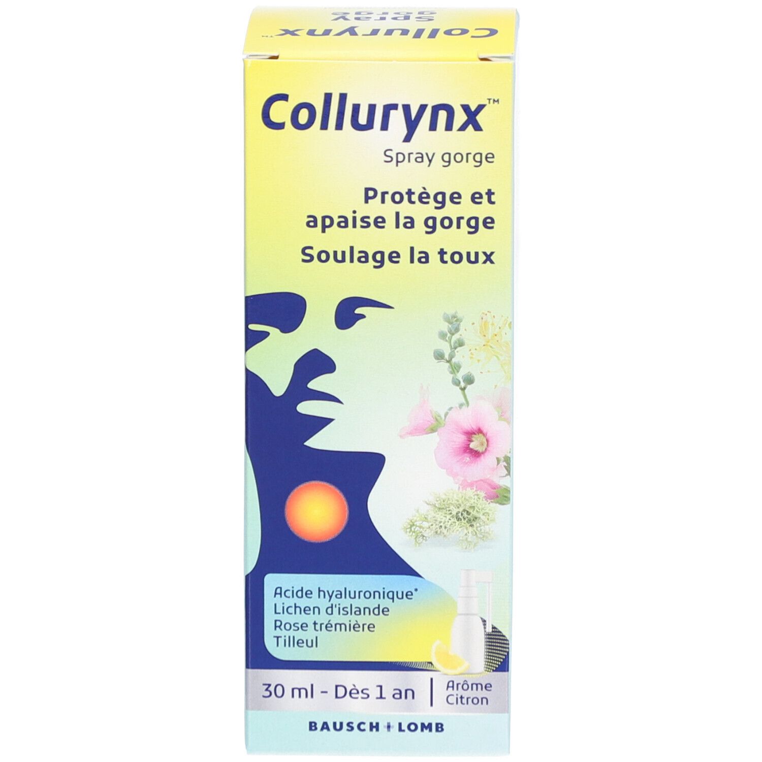 Productverpakking. Opschrift: Collurynx Spray gorge. Volume: 30 ml. Met sprayfles.