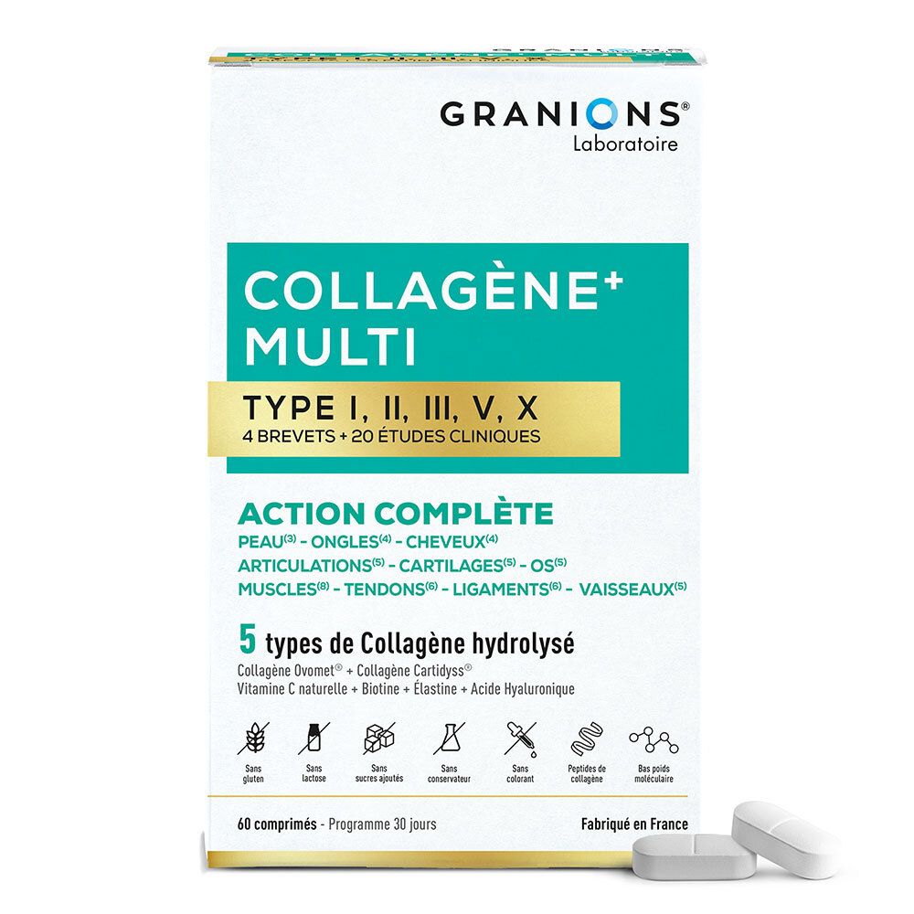 Doos GRANIONS Collagène+ Multi. Bevat tabletten. Tekst: Types I, II, III, V, X. Voor huid, nagels, haar, gewrichten, botten, spieren.