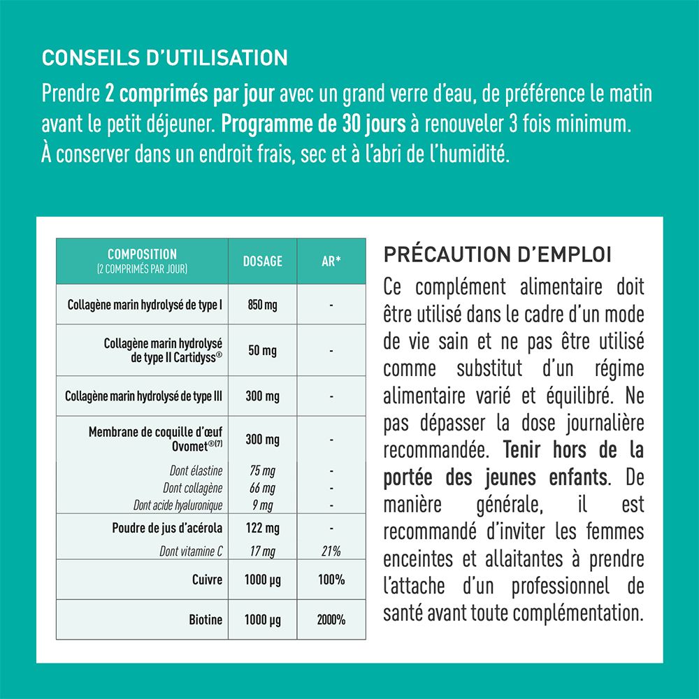 Tekst over het gebruik van GRANIONS Collagène+ Multi. Dosering: 2 tabletten per dag. Voorzorgsmaatregelen en ingrediënten.