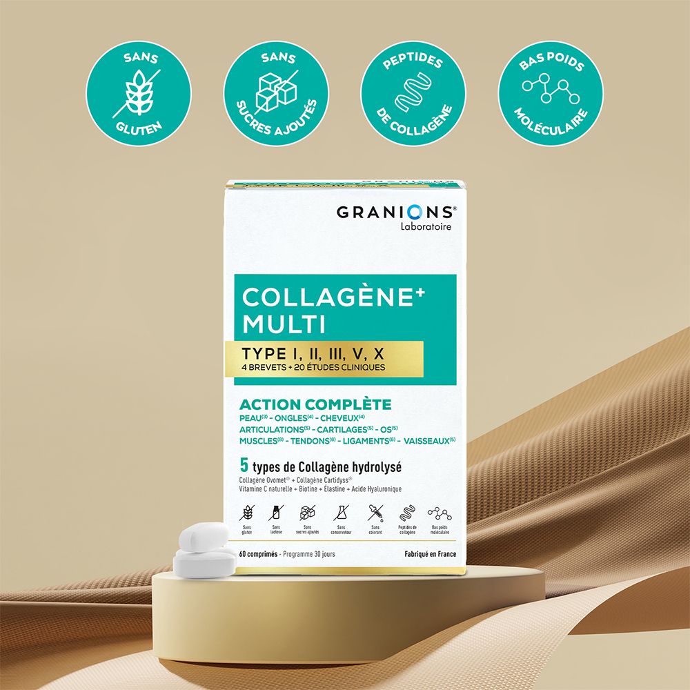 Doos GRANIONS Collagène+ Multi met tabletten. Opschriften: Zonder gluten, zonder toegevoegde suikers, collageenpeptiden, laag moleculair gewicht.