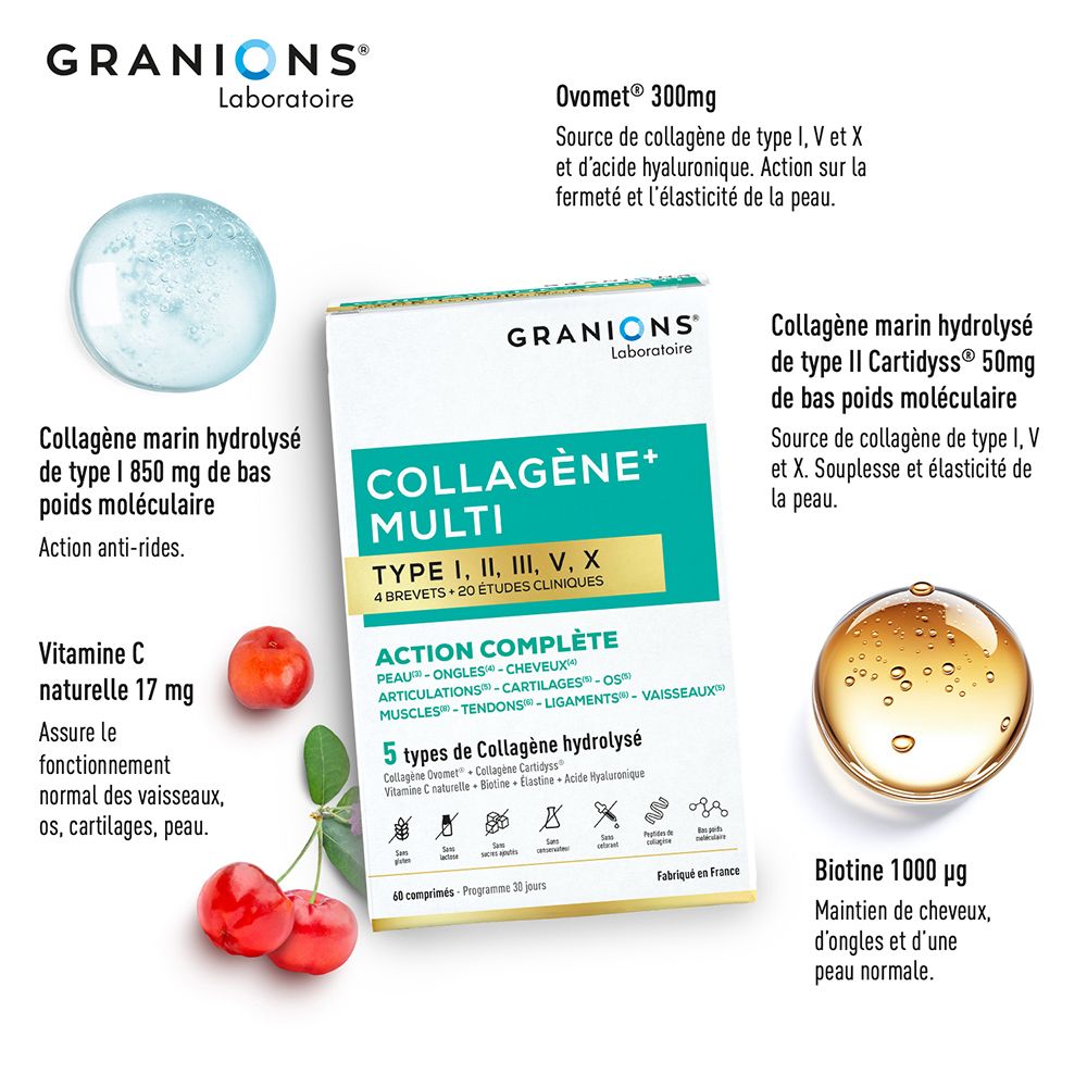 Productafbeelding GRANIONS Collagène+ Multi. Bevat tabletten, kersen, vitamine C. Tekst: Types I, II, III, V, X.