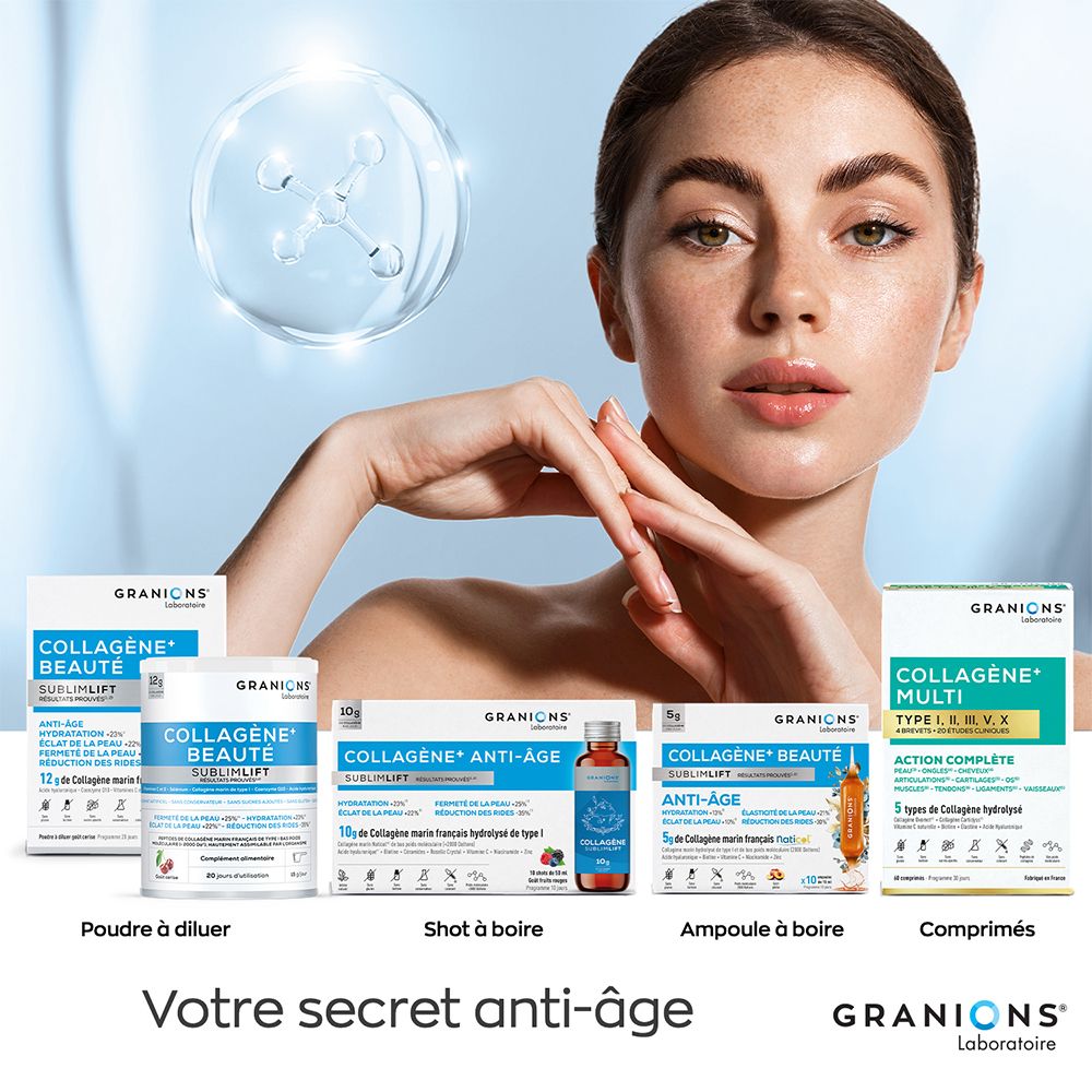 Verschillende GRANIONS-producten. Collagène+ Multi tabletten, drinkampullen, shots en poeder om op te lossen. Anti-aging geheim.