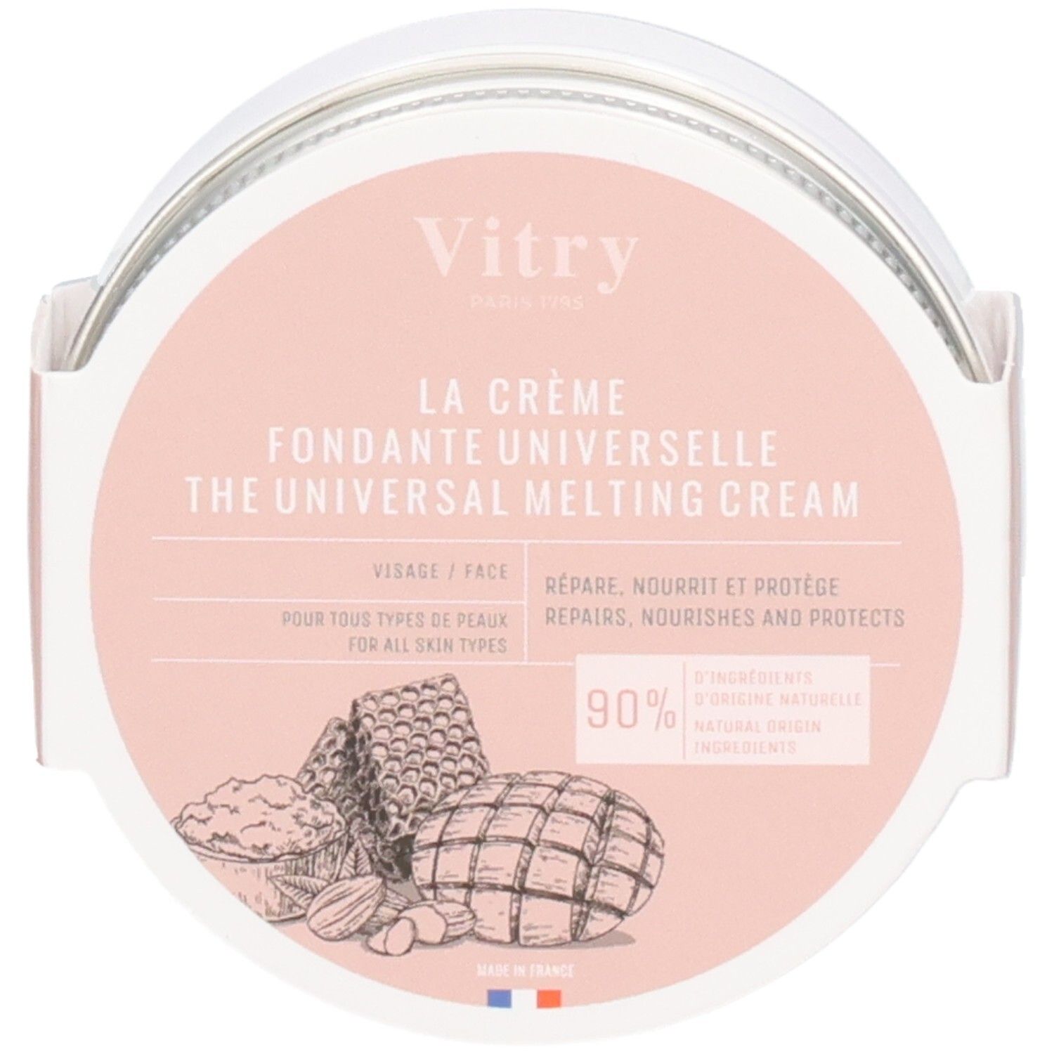 Pot rond avec étiquette rose. Inscription: Vitry, La Crème Fondante Universelle. Illustrations d'ingrédients. 90% ingrédients d'origine naturelle.