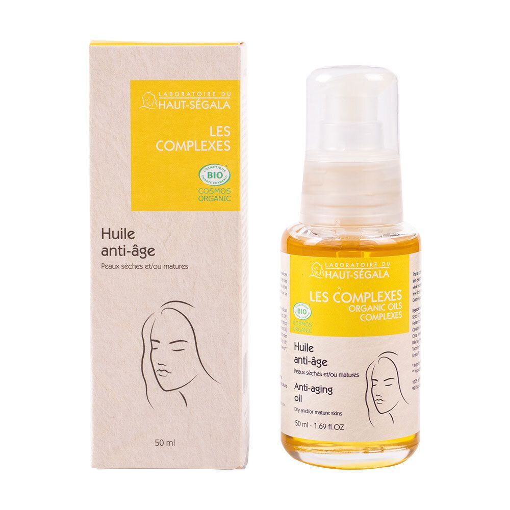 Haut-Ségala anti-aging olie en verpakking. Gele tekst op witte achtergrond. Bio-certificering. 50 ml.