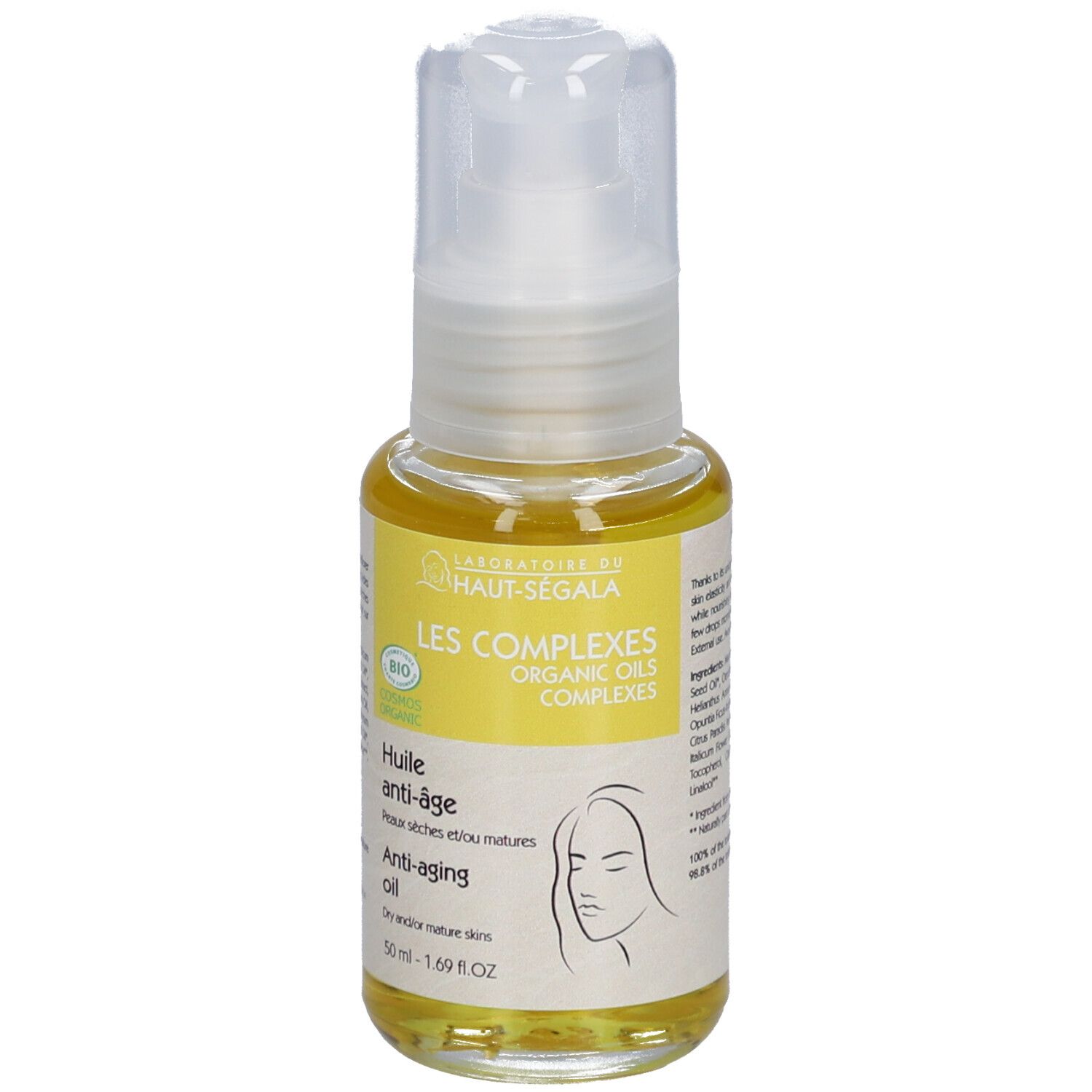 Haut-Ségala anti-aging olie. Gele tekst op witte achtergrond. Bio-certificering. 50 ml.
