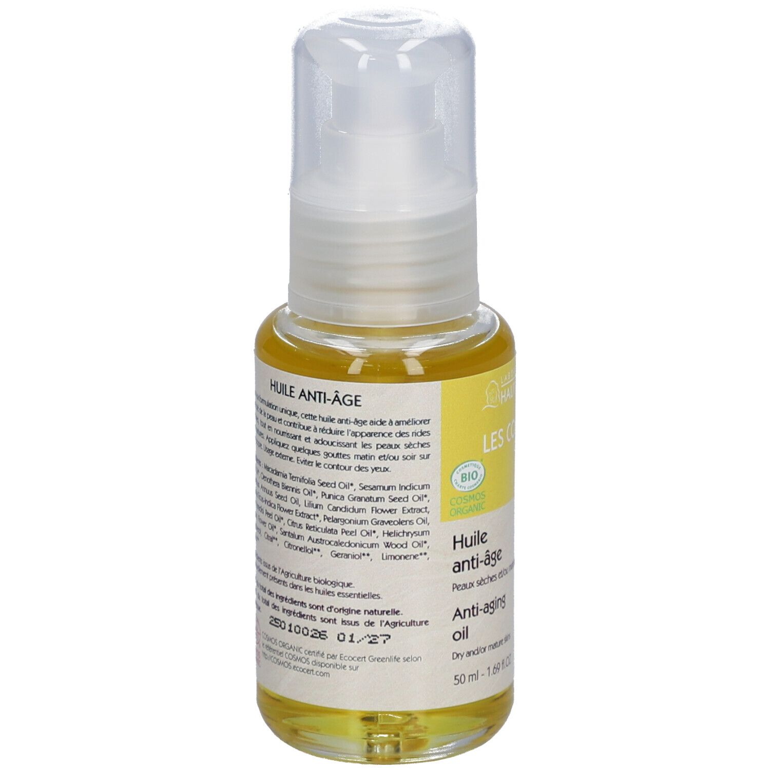 Haut-Ségala anti-aging olie. Gele tekst op witte achtergrond. Bio-certificering. 50 ml.