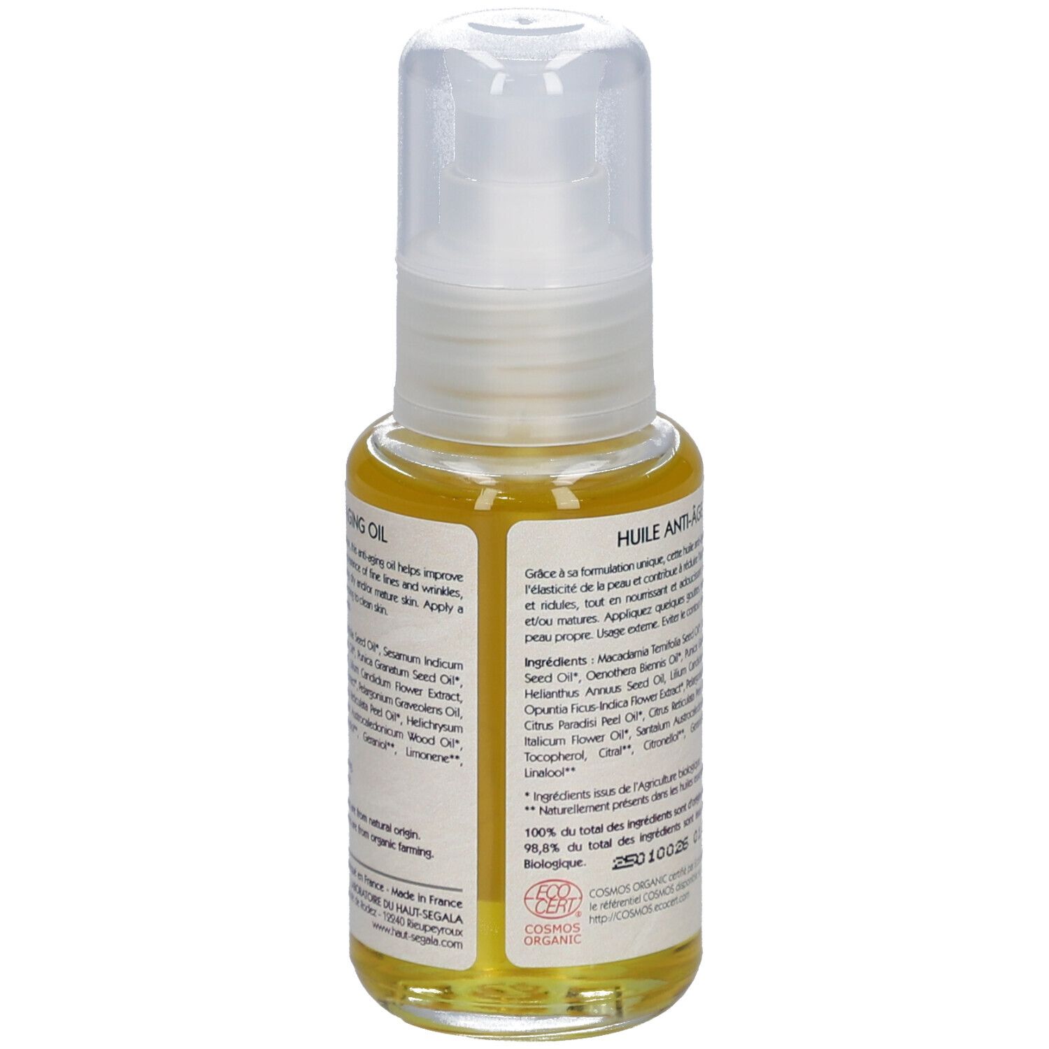 Haut-Ségala anti-aging olie. Gele tekst op witte achtergrond. Bio-certificering. 50 ml.
