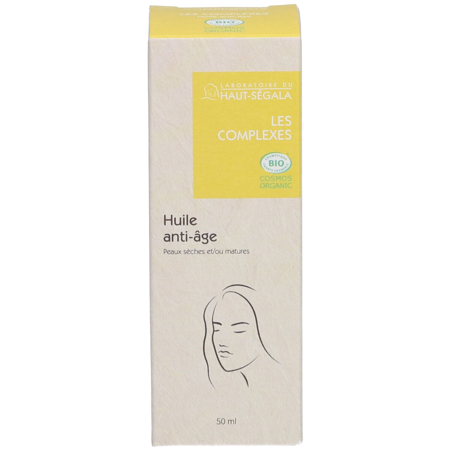 Haut-Ségala anti-aging verpakking. Gele tekst op witte achtergrond. Bio-certificering. 50 ml.