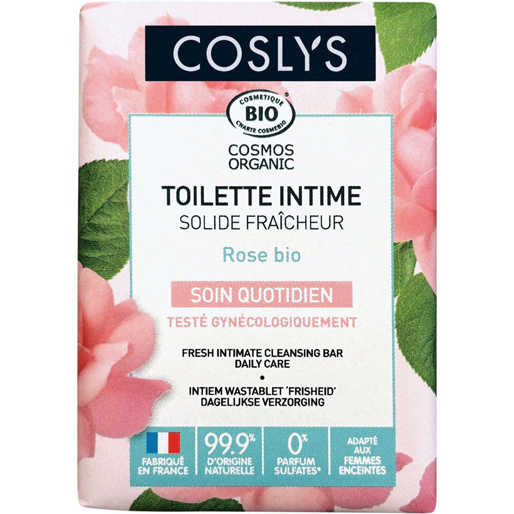 Emballage Coslys Solide fraîcheur Toilette intime. Motif roses roses. Certification bio. Drapeau français et mentions.