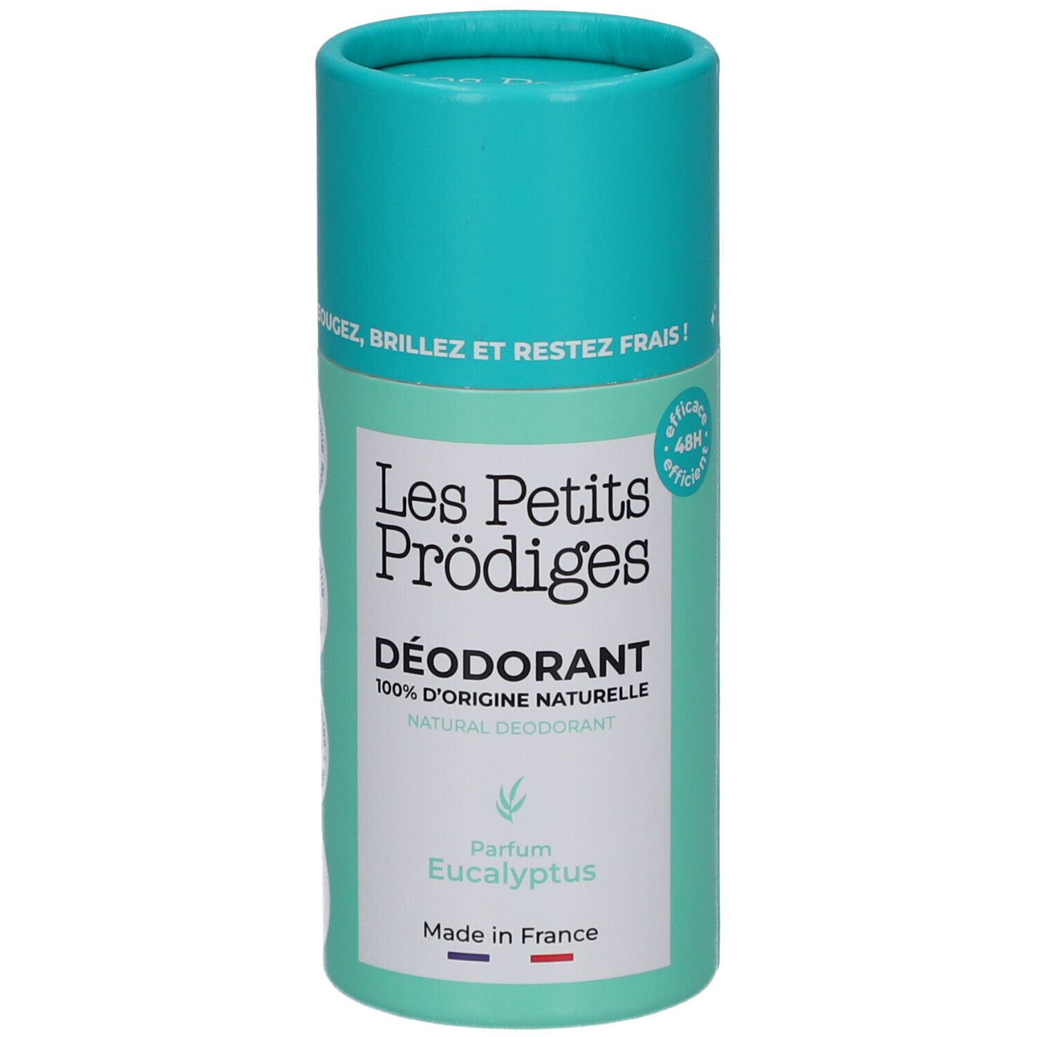 Cilindrische deodorantstick in turquoise en wit. Opschrift: Les Petits Prodiges, Déodorant, 100% d'origine naturelle, Parfum Eucalyptus. Gemaakt in Frankrijk.