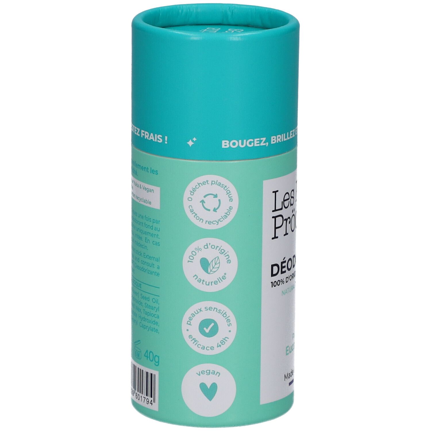 Achterkant van de deodorantstick. Turquoise en witte verpakking. Tekst: 100% d'origine naturelle, carton recyclable, vegan, efficace 48h. Bevat 40g.