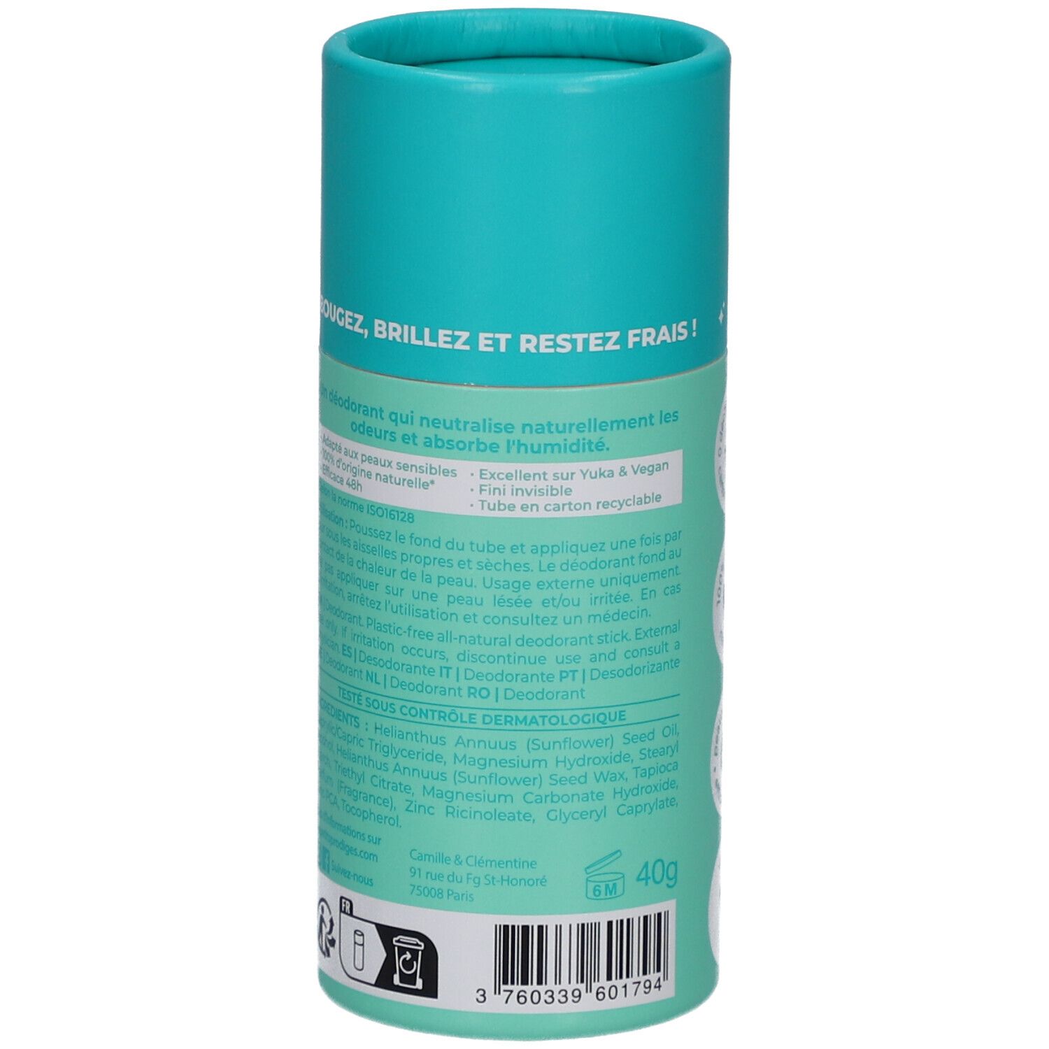 Achterkant van de deodorantstick. Turquoise en witte verpakking. Tekst: ingrediënten, gebruiksaanwijzing, 40g. Streepjescode en productiedetails.