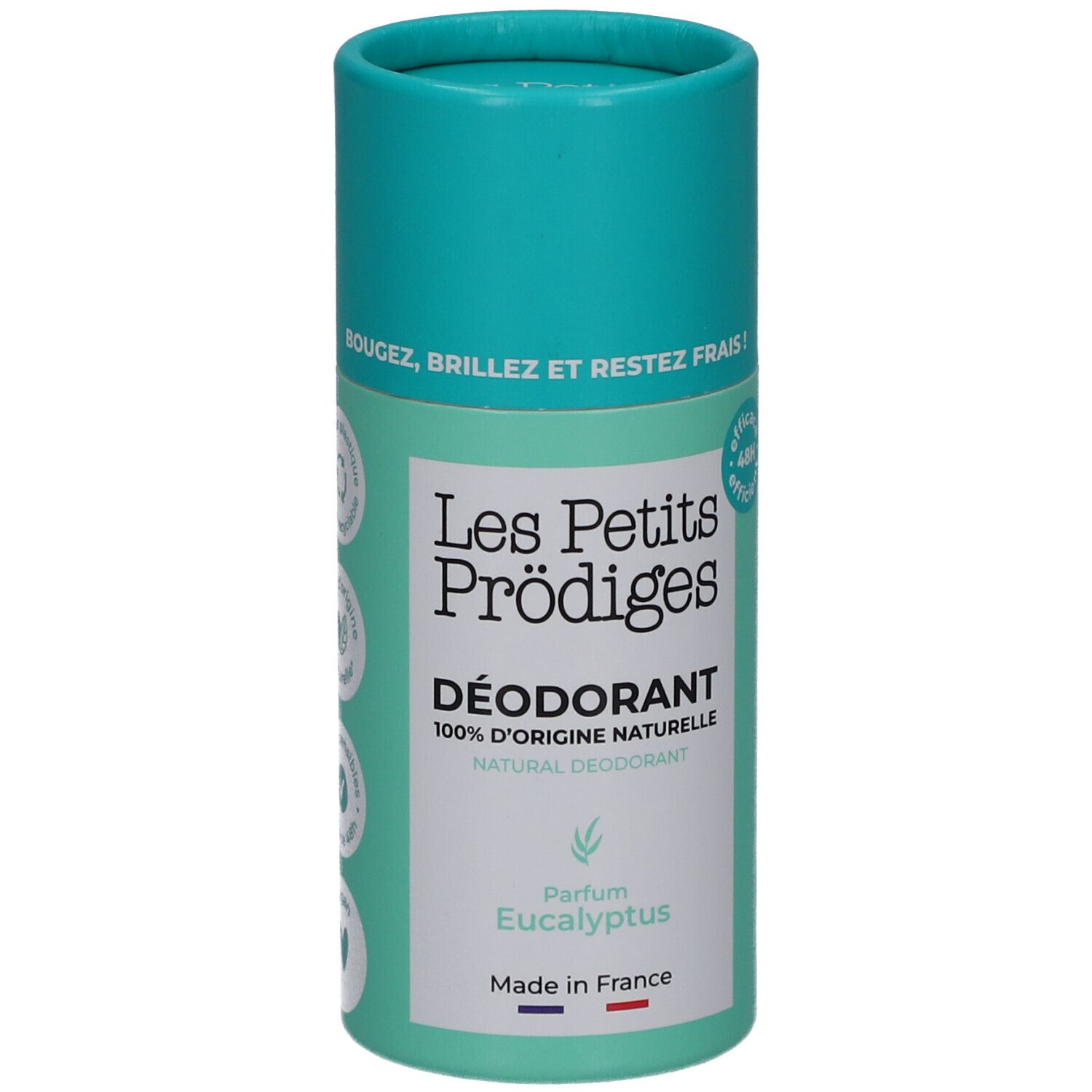 Deodorantstick, turquoise en witte verpakking. Opschrift: Les Petits Prodiges, Déodorant, 100% d'origine naturelle, Parfum Eucalyptus. Gemaakt in Frankrijk.