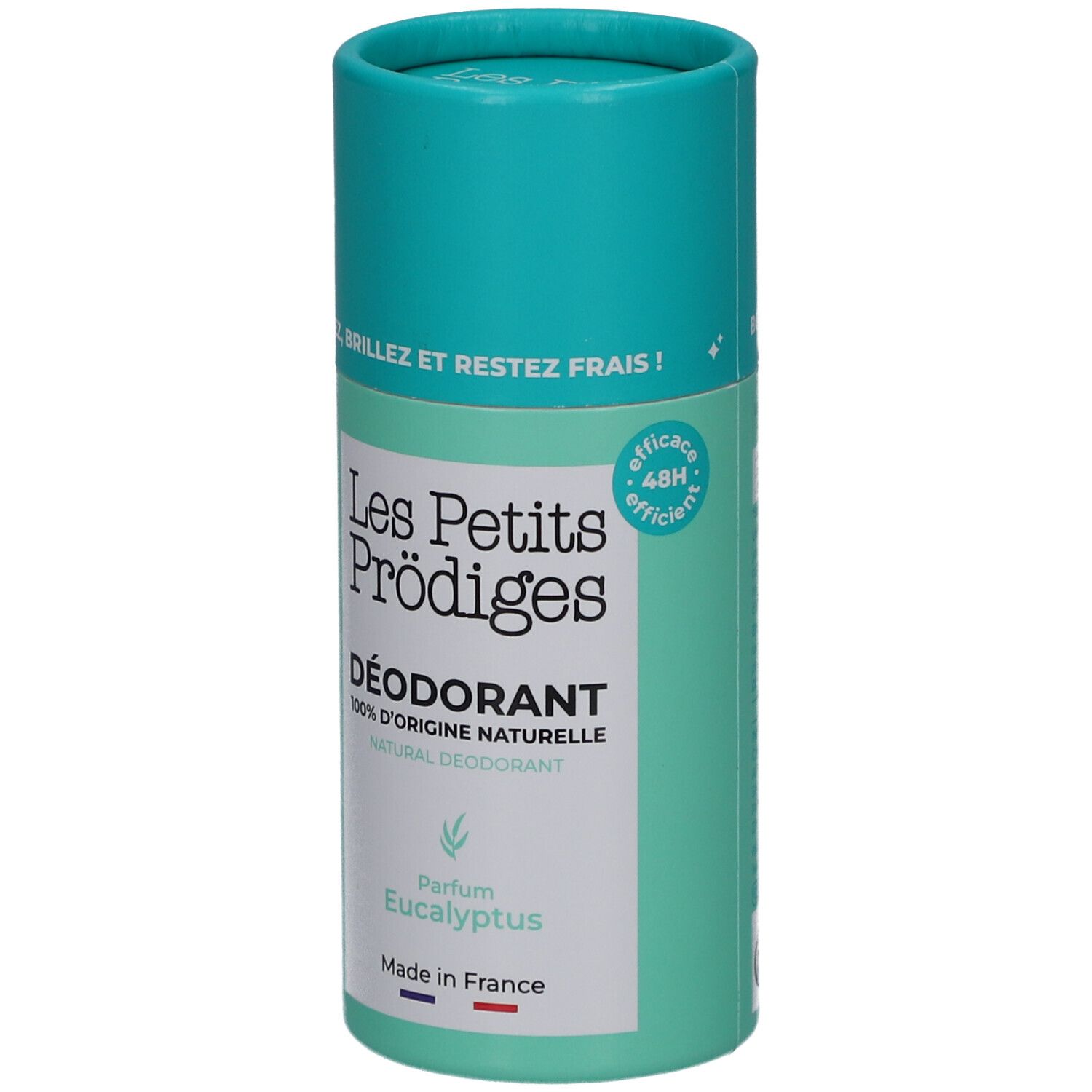 Deodorantstick, turquoise en witte verpakking. Opschrift: Les Petits Prodiges, Déodorant, 100% d'origine naturelle, Parfum Eucalyptus. 48H efficiënt.