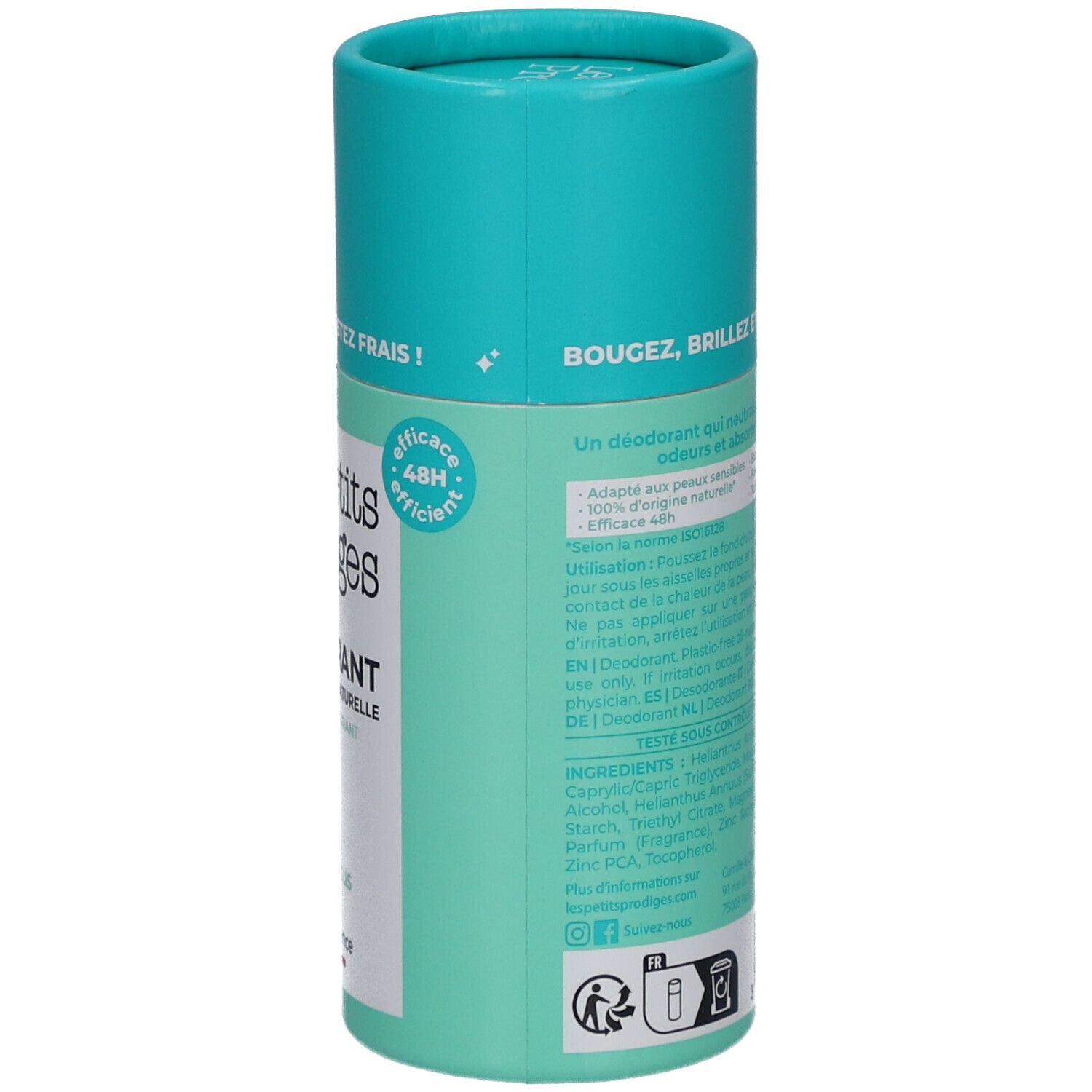 Achterkant van de deodorantstick. Turquoise en witte verpakking. Tekst: ingrediënten, gebruiksaanwijzing, 48H efficiënt. Vegan.