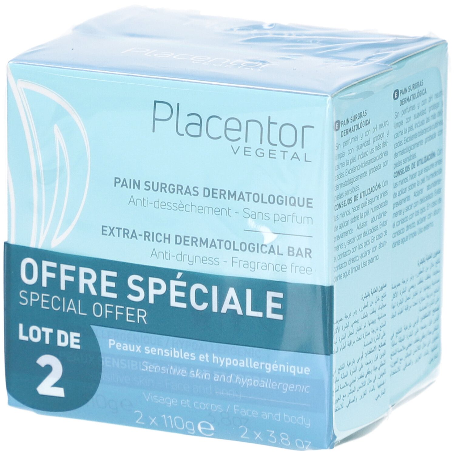 Emballage de deux pains dermatologiques. Inscription: PLACENTOR VEGETAL, PAIN SURGRAS DERMATOLOGIQUE, OFFRÉ SPÉCIALE.