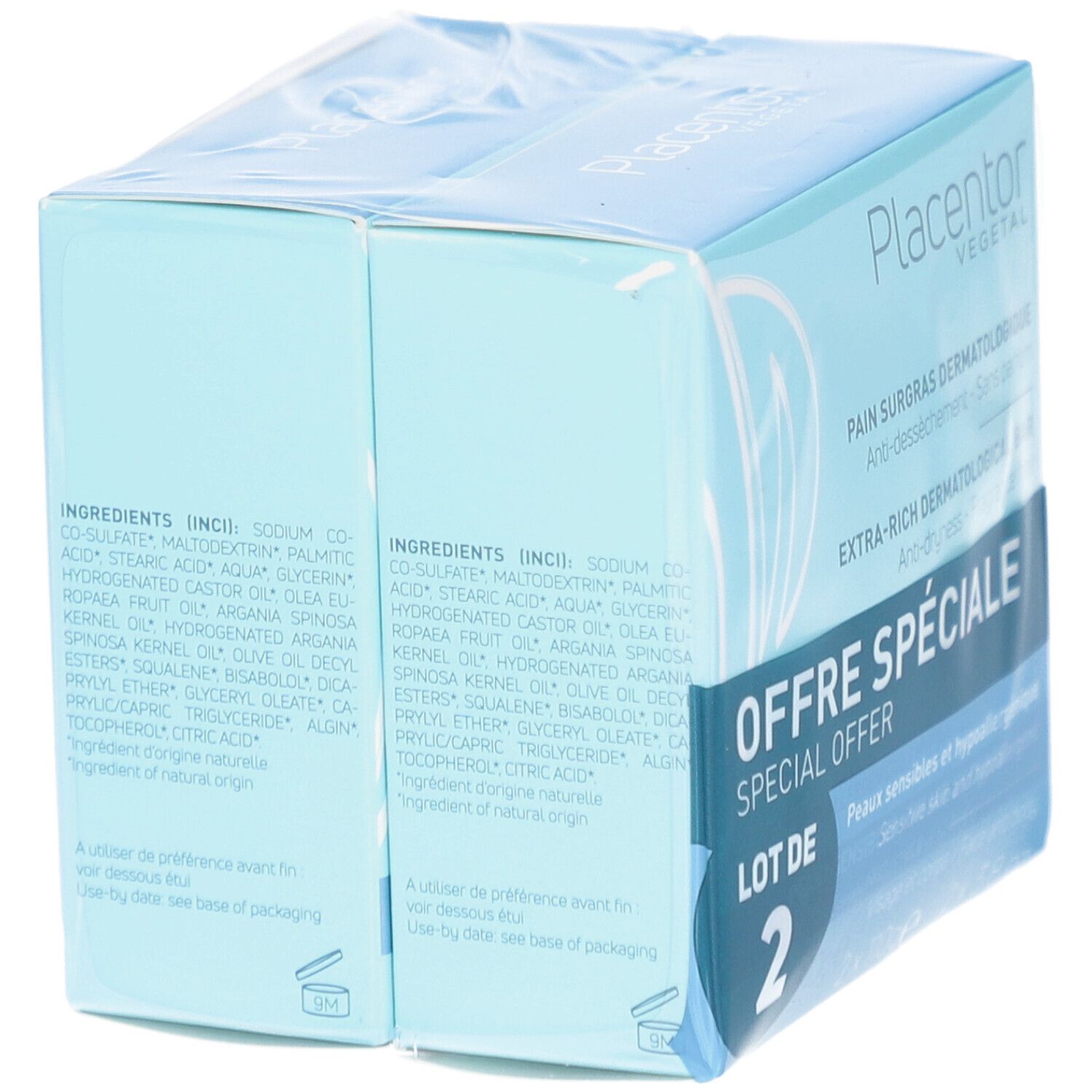 Dos de l'emballage avec ingrédients et informations. Deux pains de savon dans l'emballage.