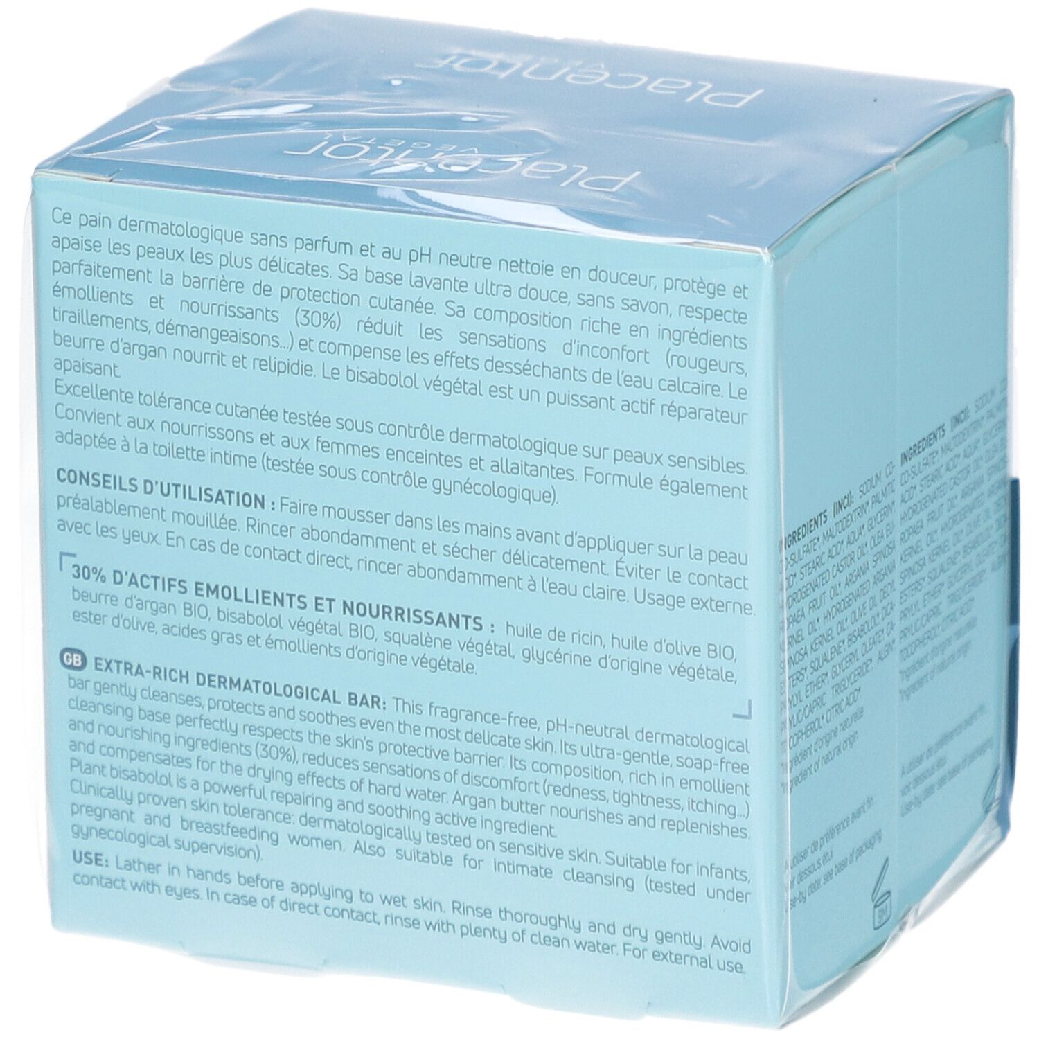 Emballage avec texte. Contient des informations sur le produit. Deux pains de savon dans l'emballage.