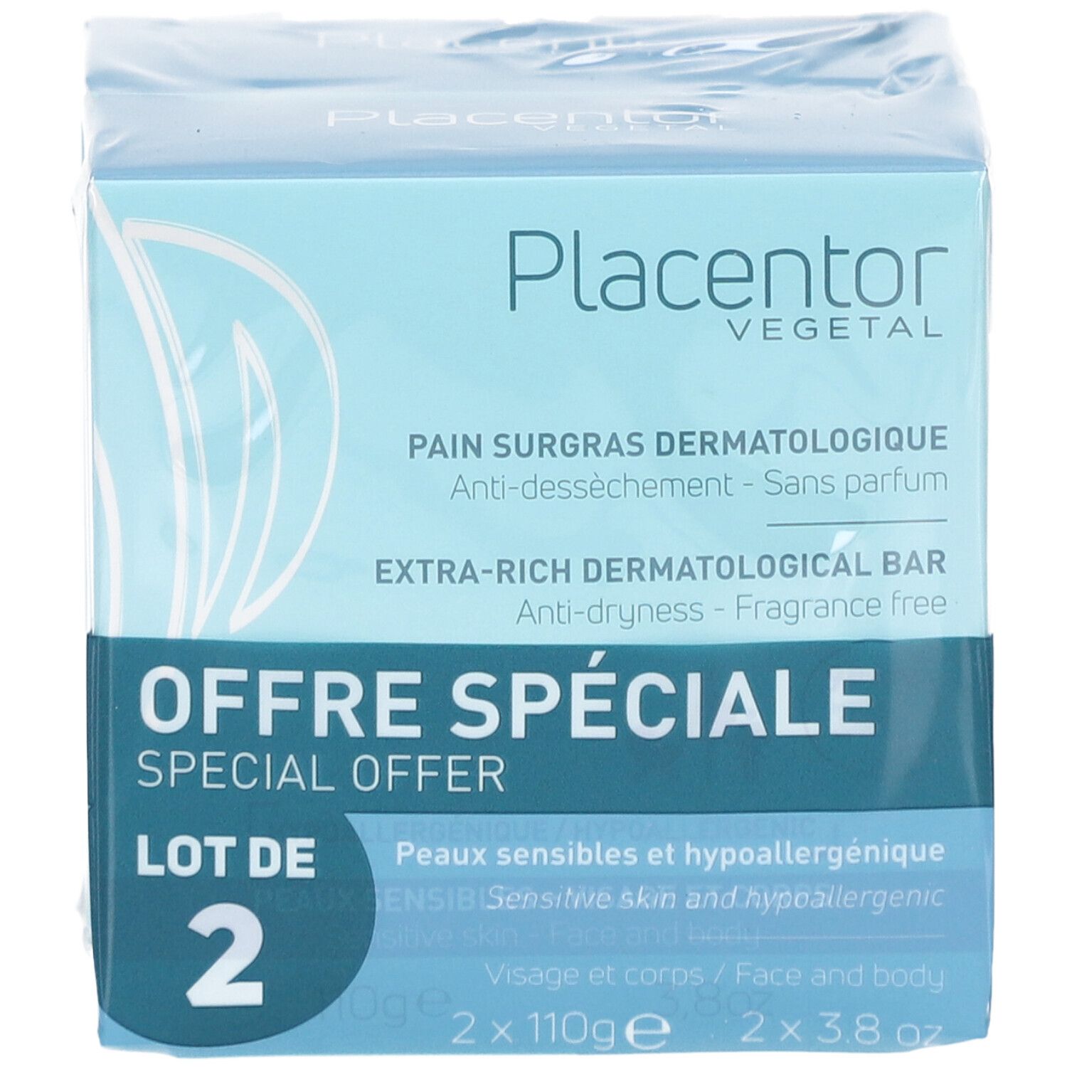 Emballage de deux pains dermatologiques. Inscription: PLACENTOR VEGETAL, PAIN SURGRAS DERMATOLOGIQUE, OFFRÉ SPÉCIALE.