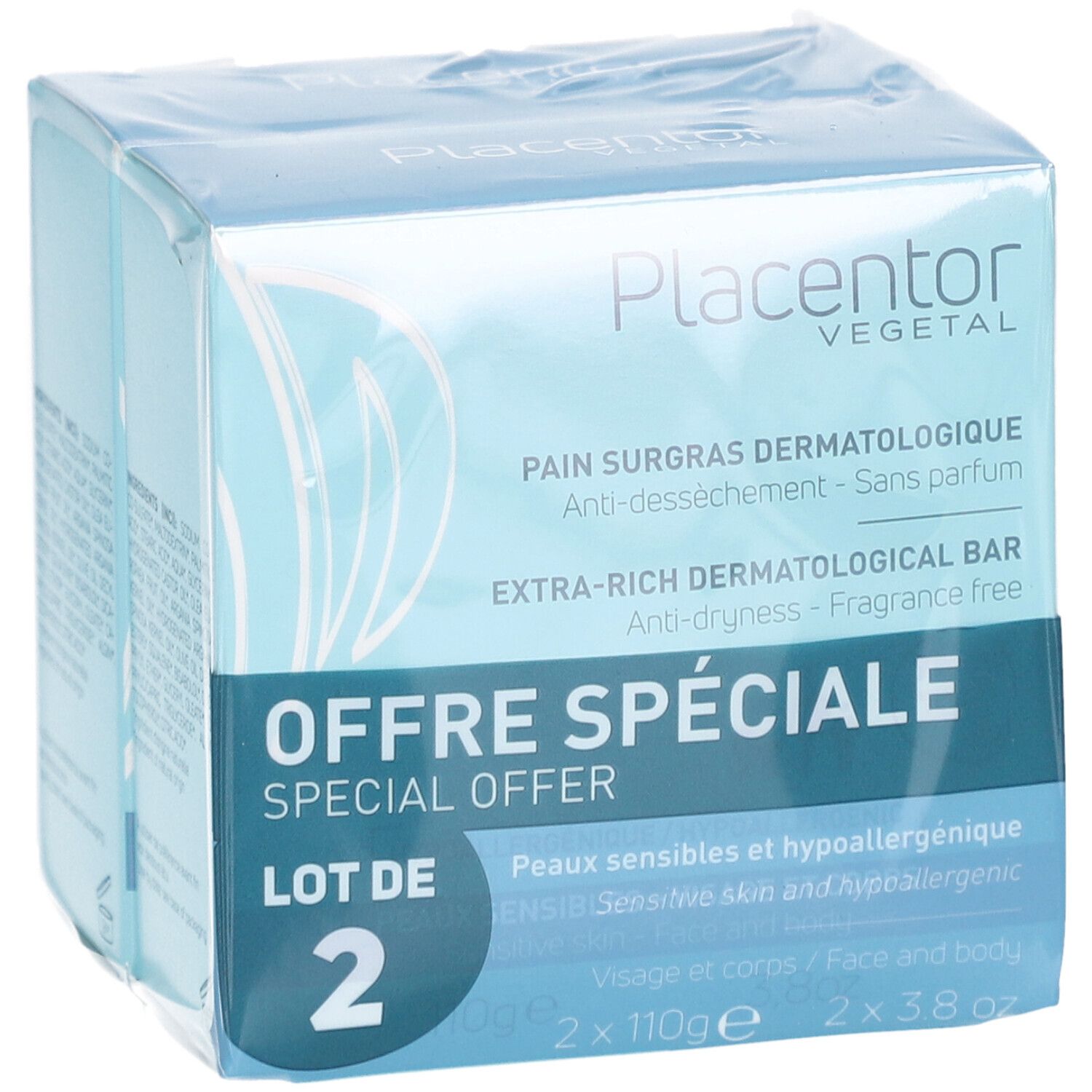 Emballage de deux pains dermatologiques. Inscription: PLACENTOR VEGETAL, PAIN SURGRAS DERMATOLOGIQUE, OFFRÉ SPÉCIALE.