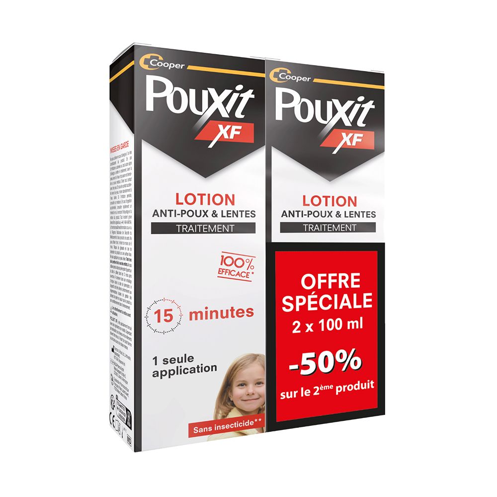 Pouxit XF Lotion Anti-Poux et Lentes. Twee verpakkingen. Zwart-witte verpakking. 15 minuten. Zonder insecticide.