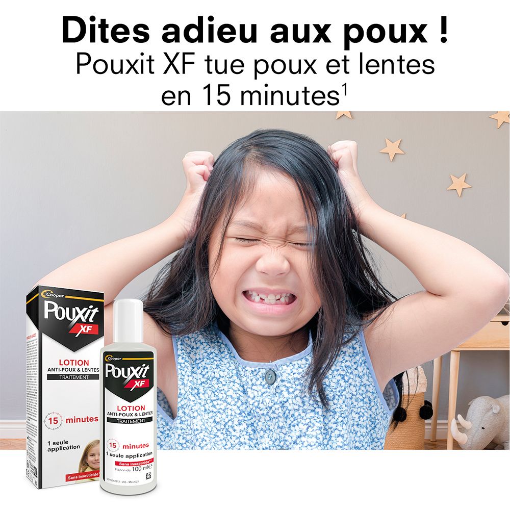 Meisje met Pouxit XF en fles. Tekst: 'Zeg vaarwel tegen luizen! Pouxit XF doodt luizen en neten in 15 minuten.'
