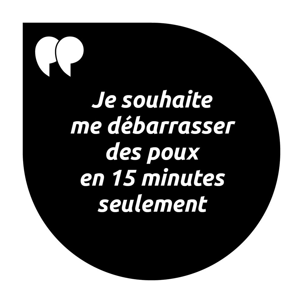 Zwarte tekstballon. Tekst: 'Ik wil in slechts 15 minuten van luizen af.' 