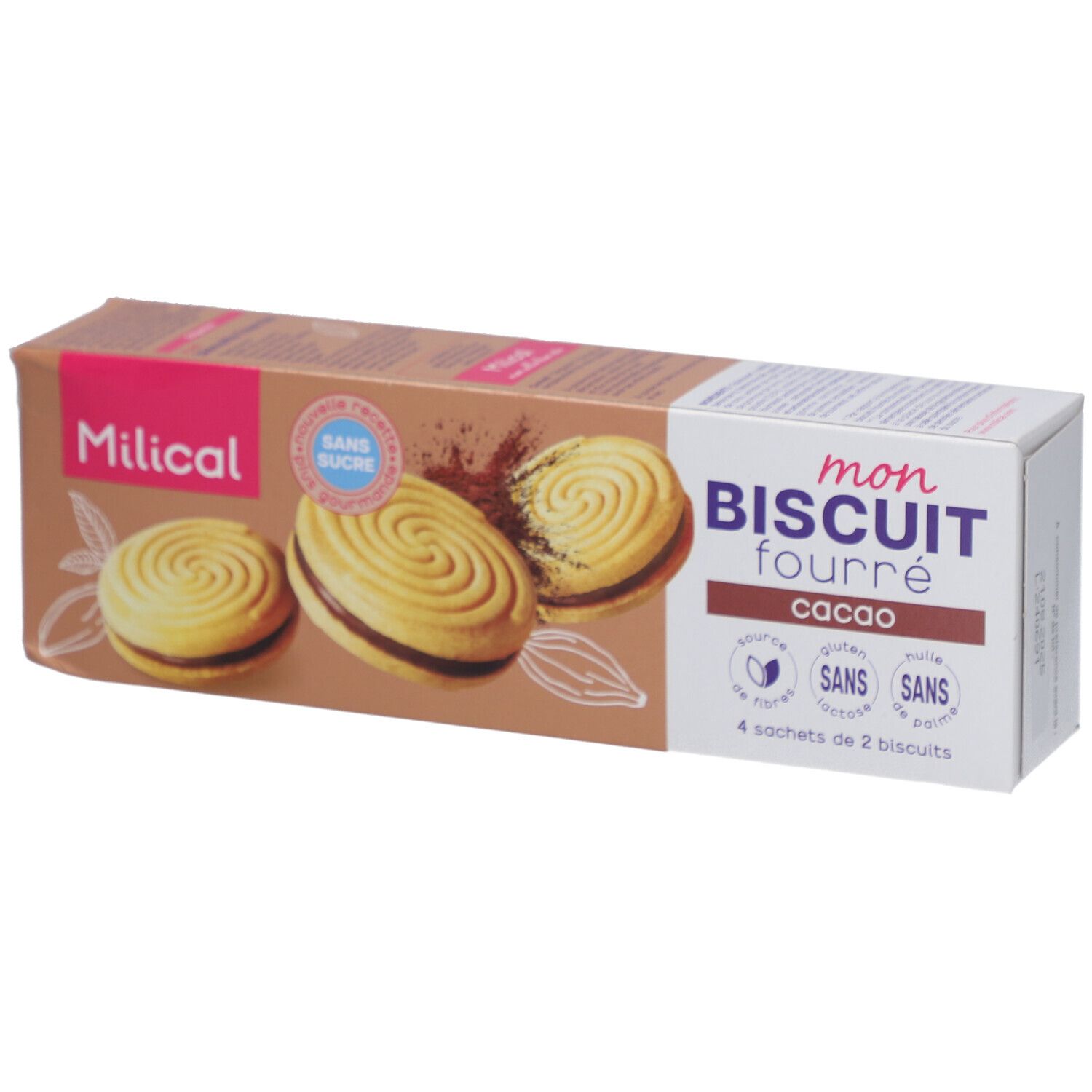 Verpakking van Milical Mon Biscuit Fourré, smaak chocolade. Opschrift: Sans Sucre, glutenvrij, lactosevrij, zonder palmolie. 4 zakjes.