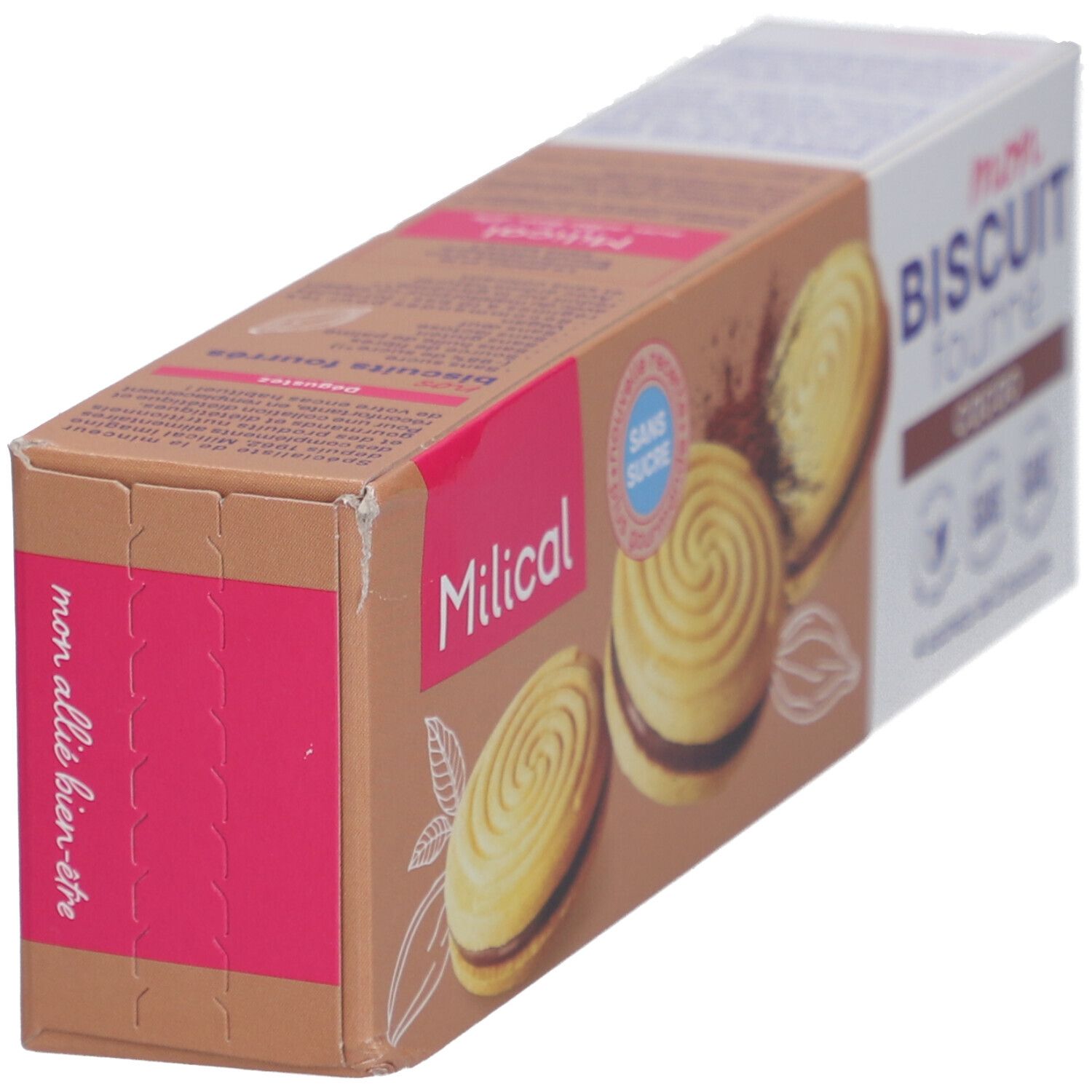 Schuine weergave van de Milical Mon Biscuit Fourré verpakking. Opschrift: Sans Sucre, glutenvrij, lactosevrij, zonder palmolie. Mon allié bien-être.