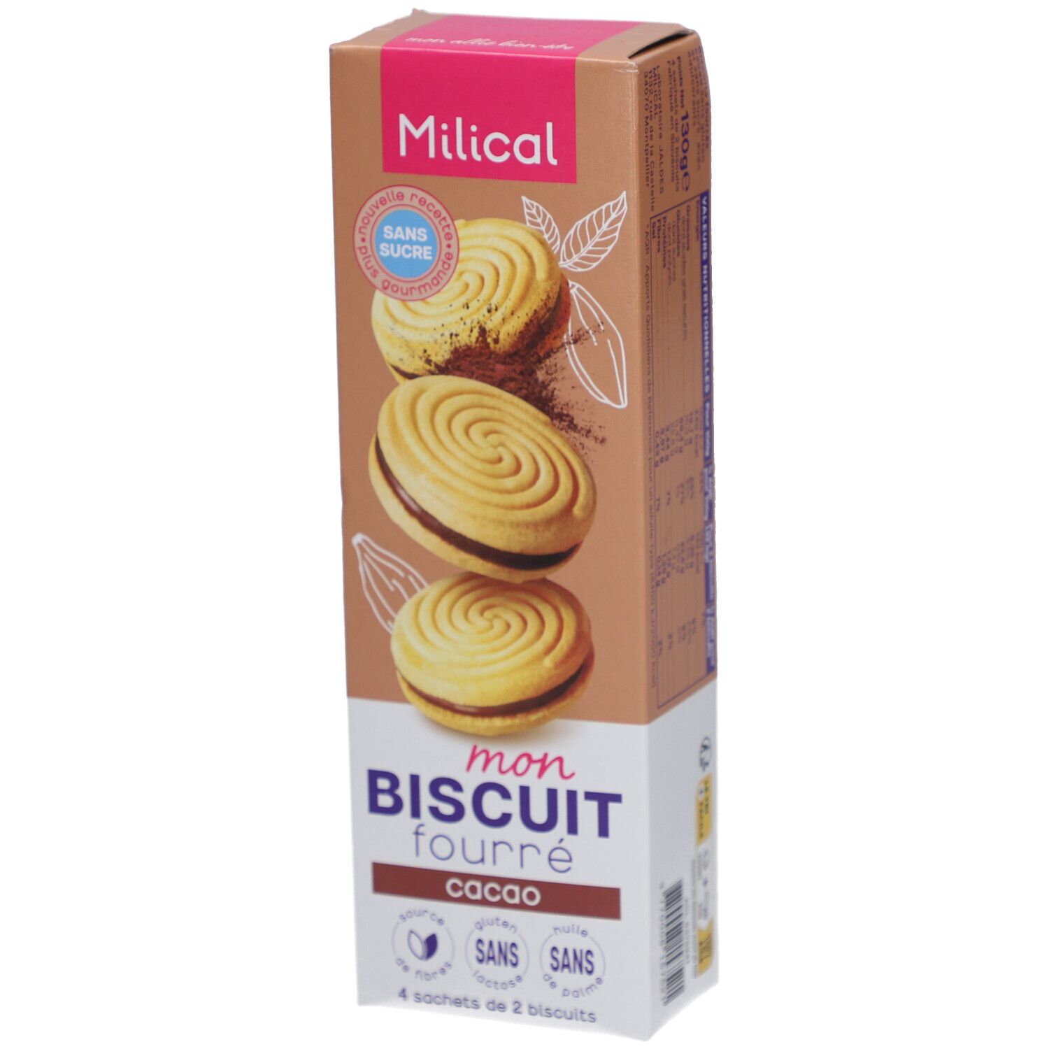 Milical Mon Biscuit Fourré verpakking, smaak chocolade. Opschrift: Sans Sucre, glutenvrij, lactosevrij, zonder palmolie. 4 zakjes met 2 koekjes.