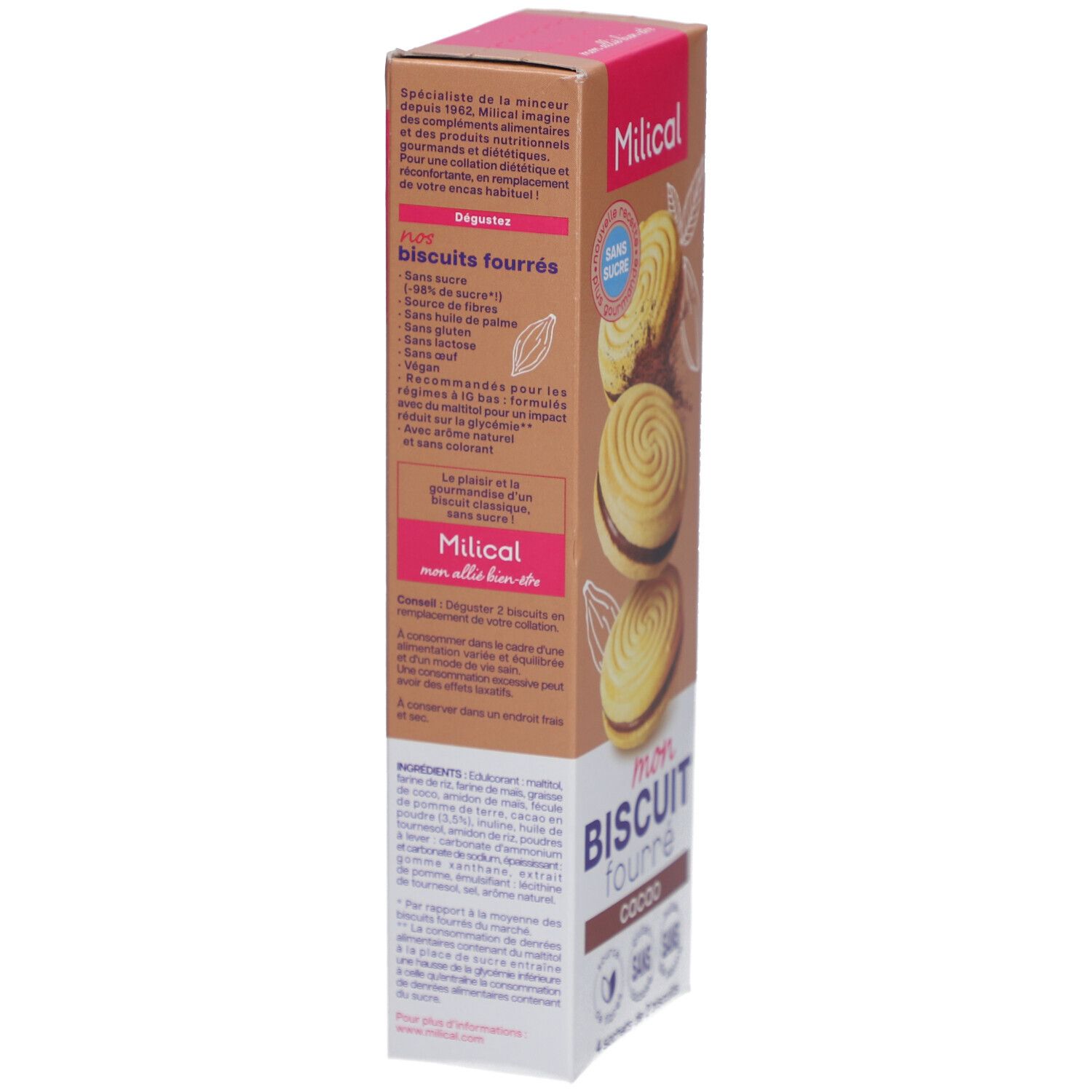 Langwerpige verpakking van Milical Mon Biscuit Fourré, smaak chocolade. Opschrift: Sans Sucre, glutenvrij, lactosevrij, zonder palmolie. Ingrediëntenlijst.