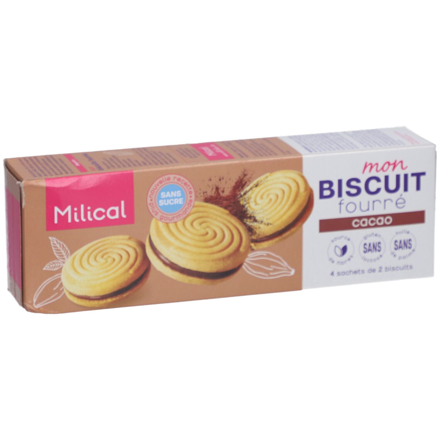 Verpakking van Milical Mon Biscuit Fourré, smaak chocolade. Opschrift: Sans Sucre, glutenvrij, lactosevrij, zonder palmolie. 4 zakjes met 2 koekjes.