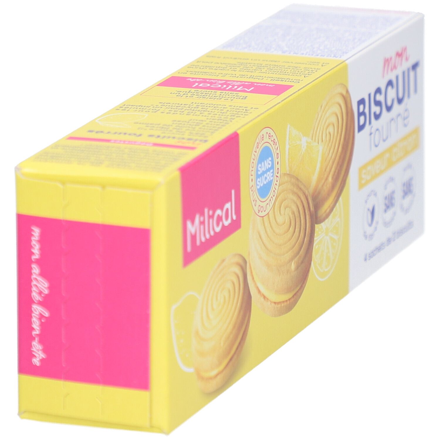Schuine gele verpakking "Milical" "mon BISCUIT fourré saveur citron". "Sans sucre". Afbeelding van koekjes en citroen. 4 zakjes.