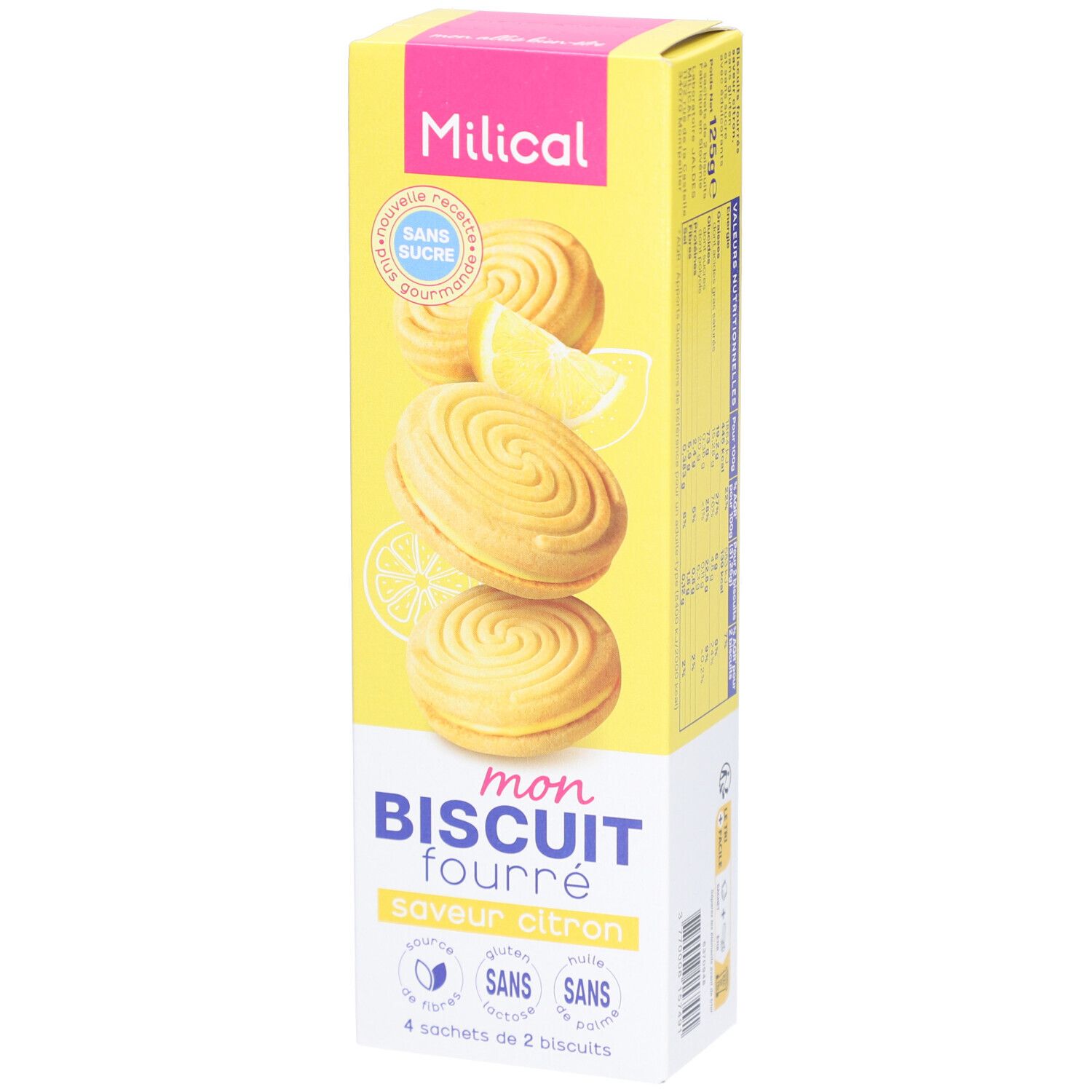 Hoge gele verpakking "Milical" "mon BISCUIT fourré saveur citron". "Sans sucre". Koekjes en citroen afgebeeld. 4 x 2 koekjes.